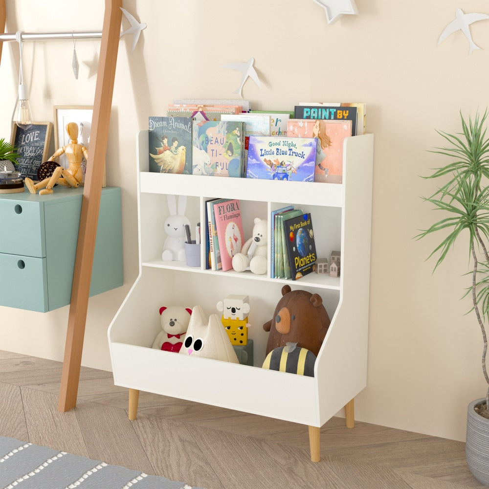 Multifunctional Kids Toy Storage Organizer And Bookshelf With Legs For Nursery And Playroom, White