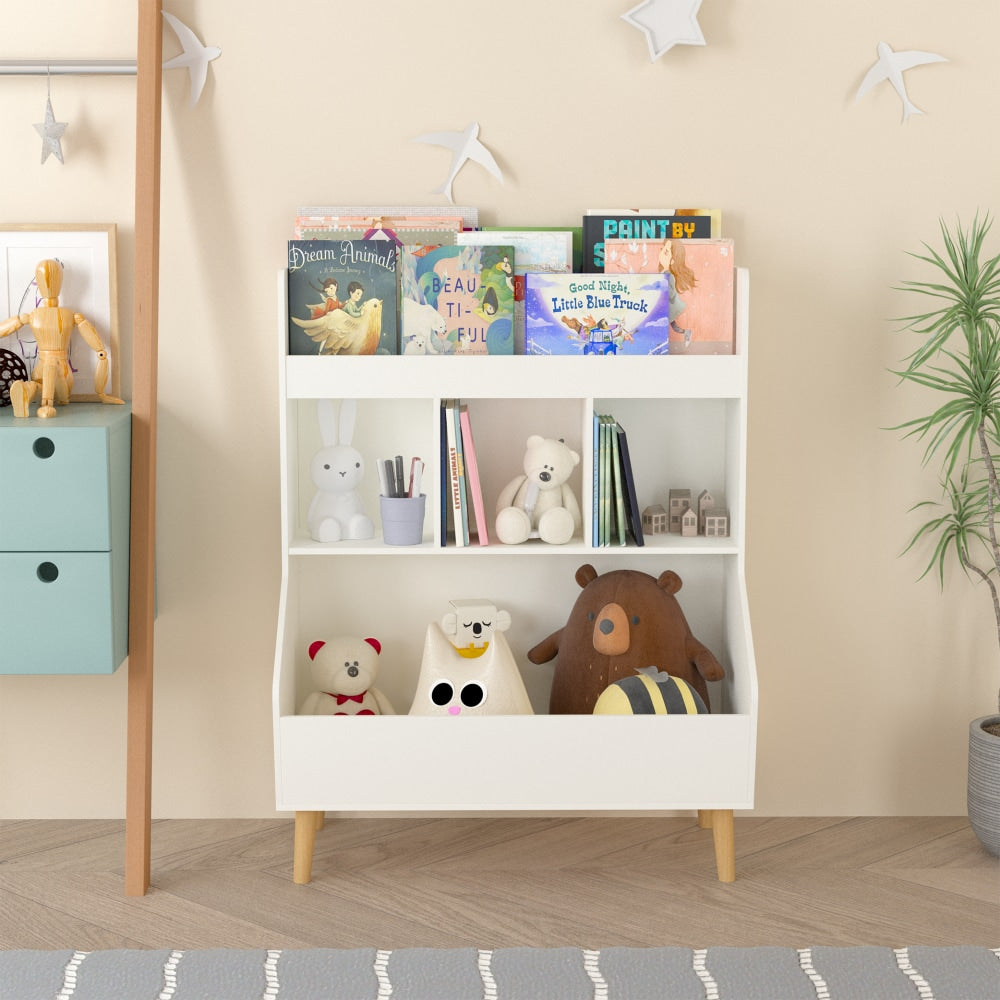 Multifunctional Kids Toy Storage Organizer And Bookshelf With Legs For Nursery And Playroom, White