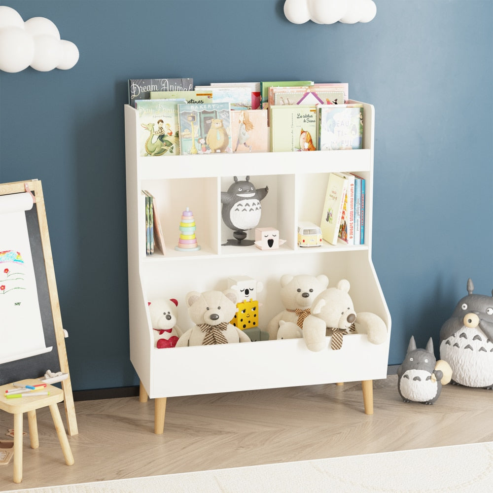 Multifunctional Kids Toy Storage Organizer And Bookshelf With Legs For Nursery And Playroom, White