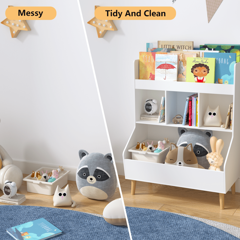 Multifunctional Kids Toy Storage Organizer And Bookshelf With Legs For Nursery And Playroom, White