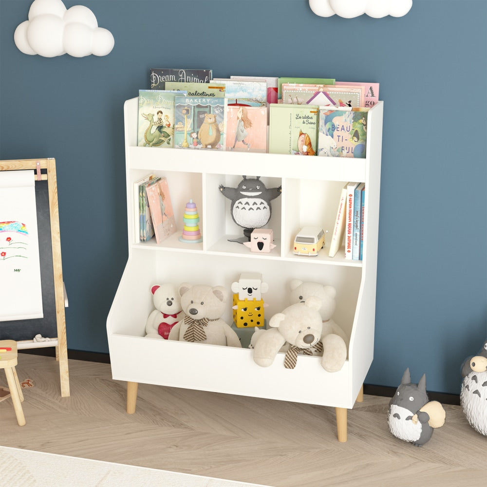 Multifunctional Kids Toy Storage Organizer And Bookshelf With Legs For Nursery And Playroom, White
