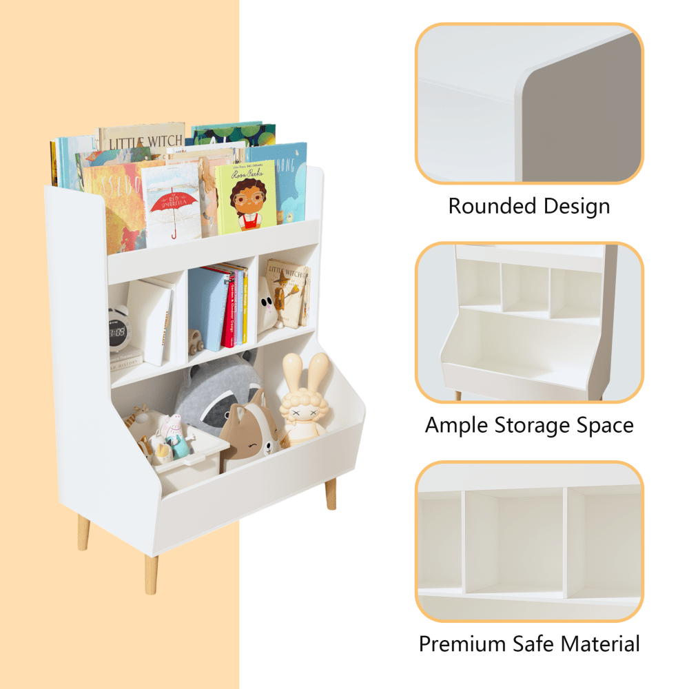 Multifunctional Kids Toy Storage Organizer And Bookshelf With Legs For Nursery And Playroom, White