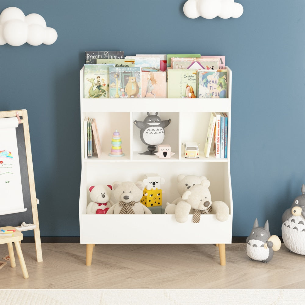 Multifunctional Kids Toy Storage Organizer And Bookshelf With Legs For Nursery And Playroom, White