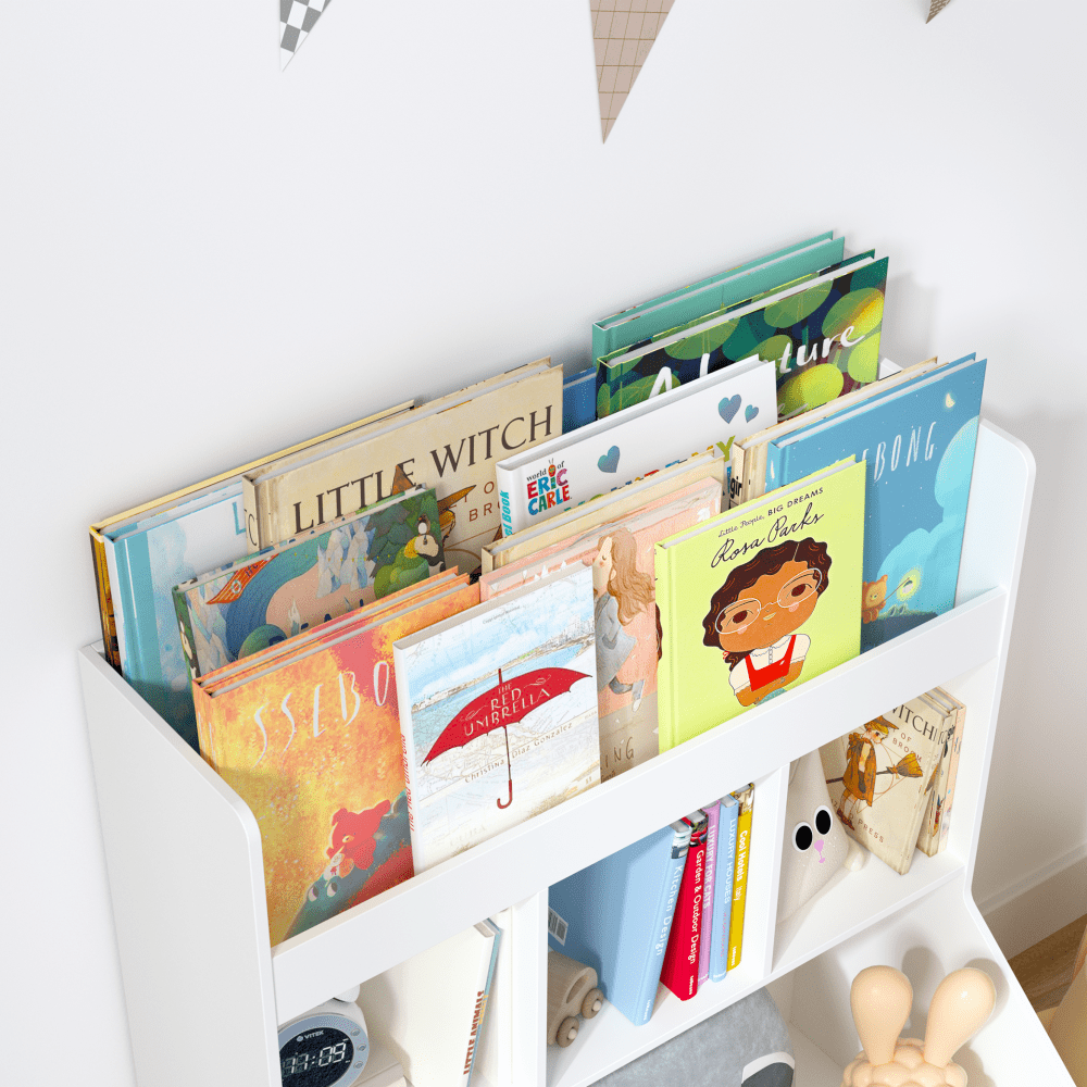 Multifunctional Kids Toy Storage Organizer And Bookshelf With Legs For Nursery And Playroom, White