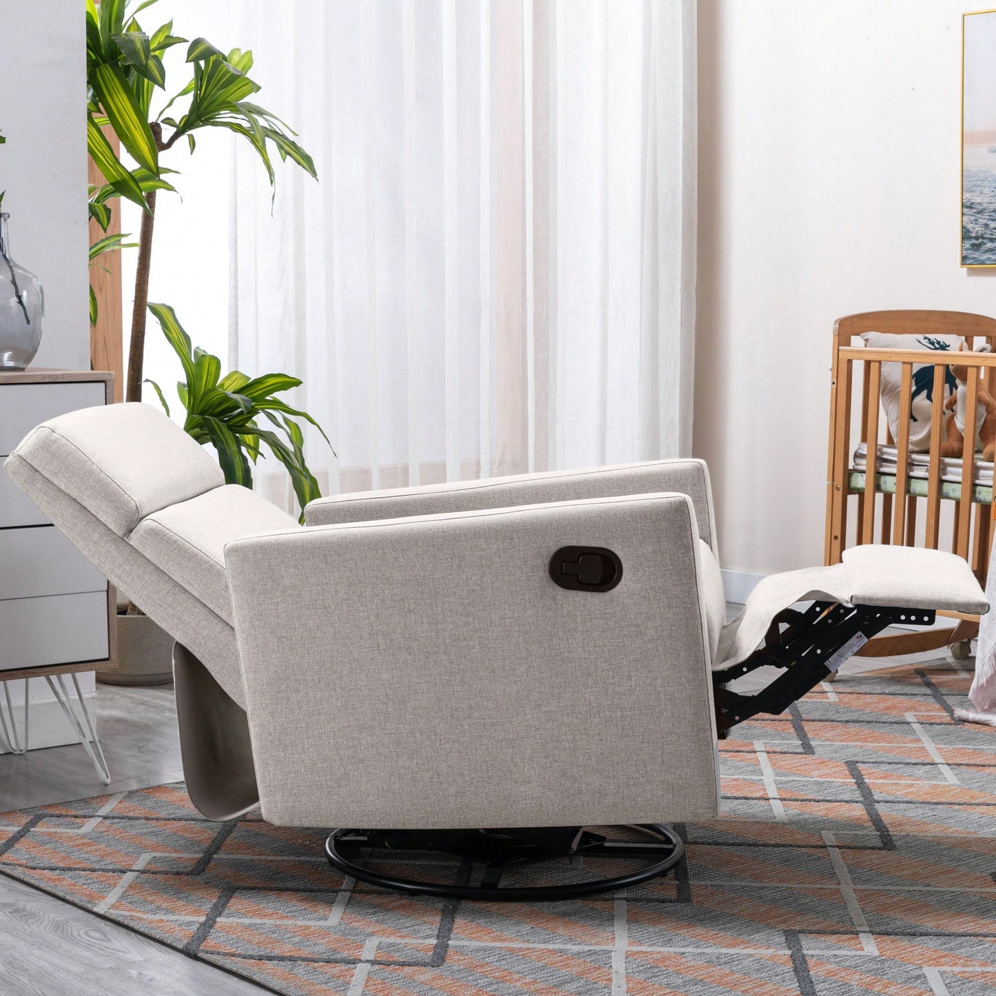 Plush Beige Upholstered Rocking Nursery Chair With Glider Swivel Recliner For Ultimate Comfort