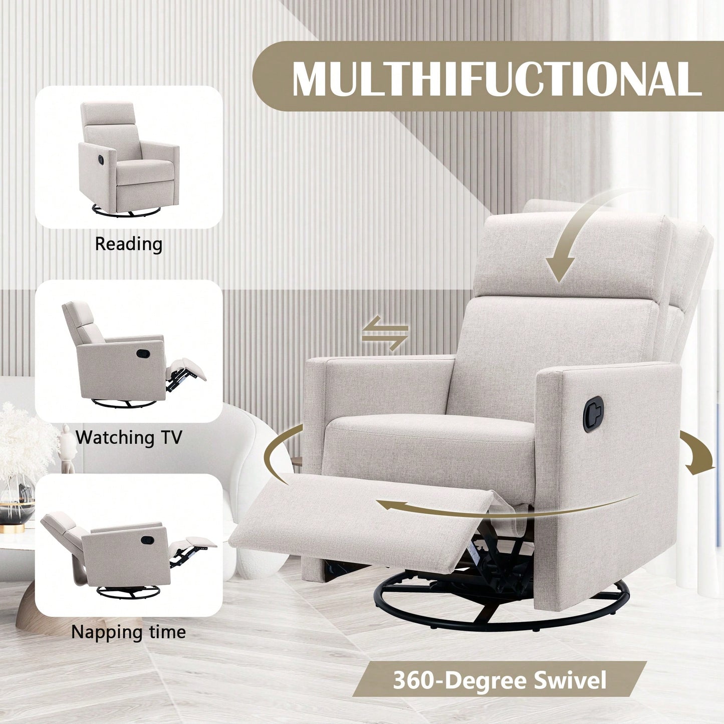 Plush Beige Upholstered Rocking Nursery Chair With Glider Swivel Recliner For Ultimate Comfort