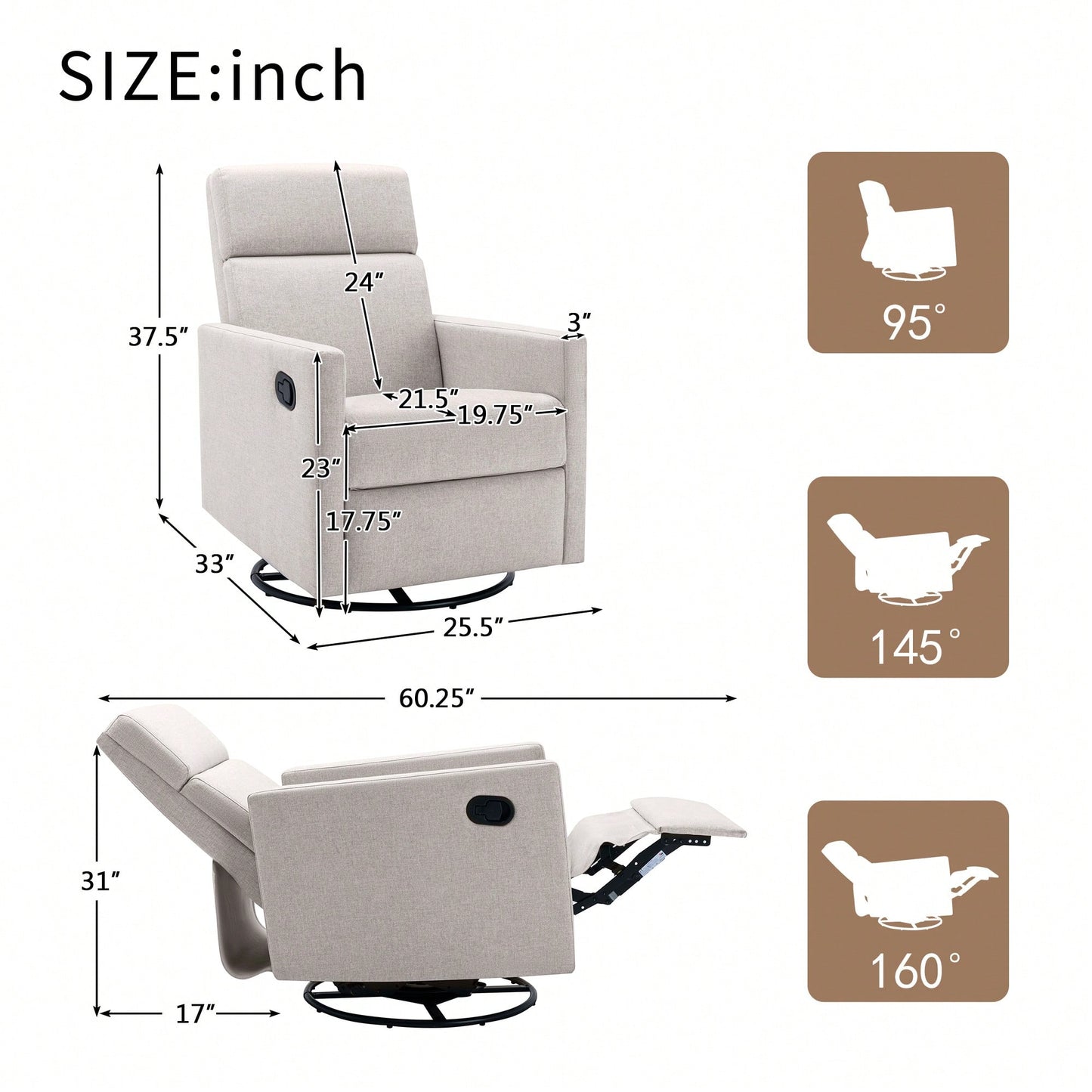 Plush Beige Upholstered Rocking Nursery Chair With Glider Swivel Recliner For Ultimate Comfort