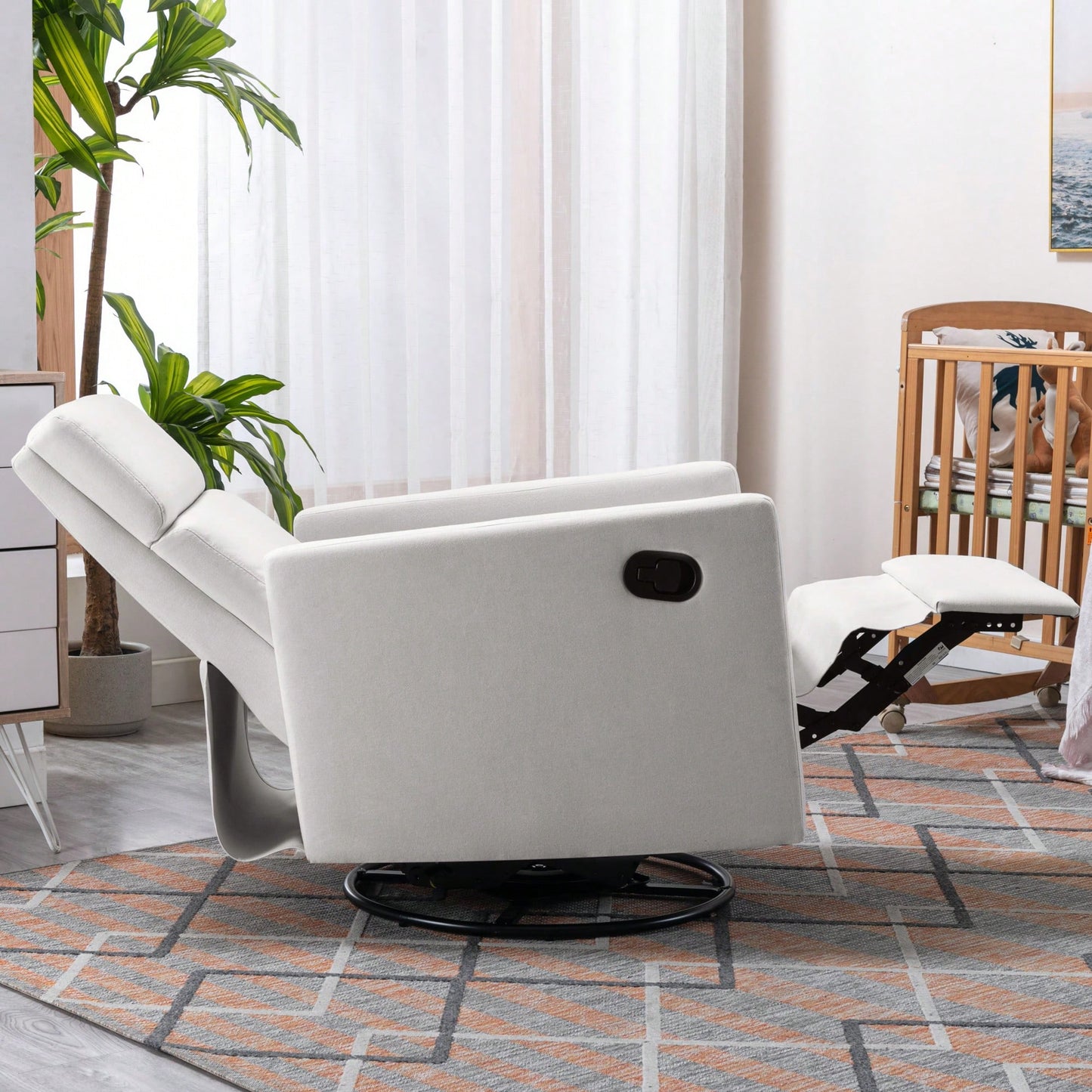 Plush Beige Upholstered Rocking Nursery Chair With Glider Swivel Recliner For Ultimate Comfort