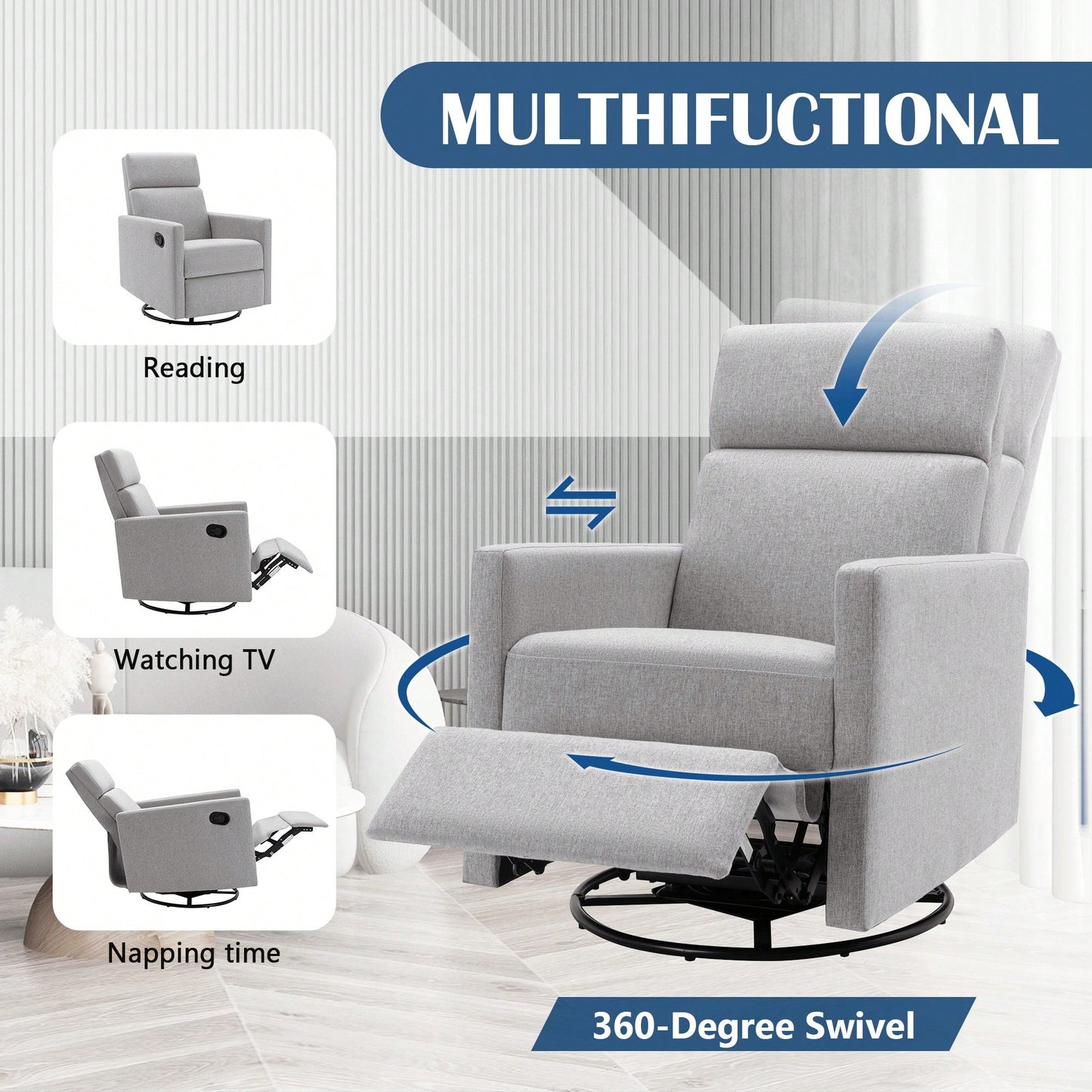 Plush Beige Upholstered Rocking Nursery Chair With Glider Swivel Recliner For Ultimate Comfort