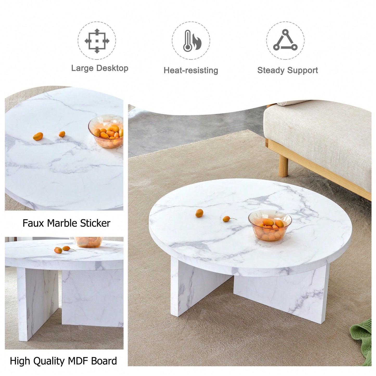 Modern White MDF Circular Pattern Coffee Table 31.4 Inch Ideal For Small Spaces And Living Rooms