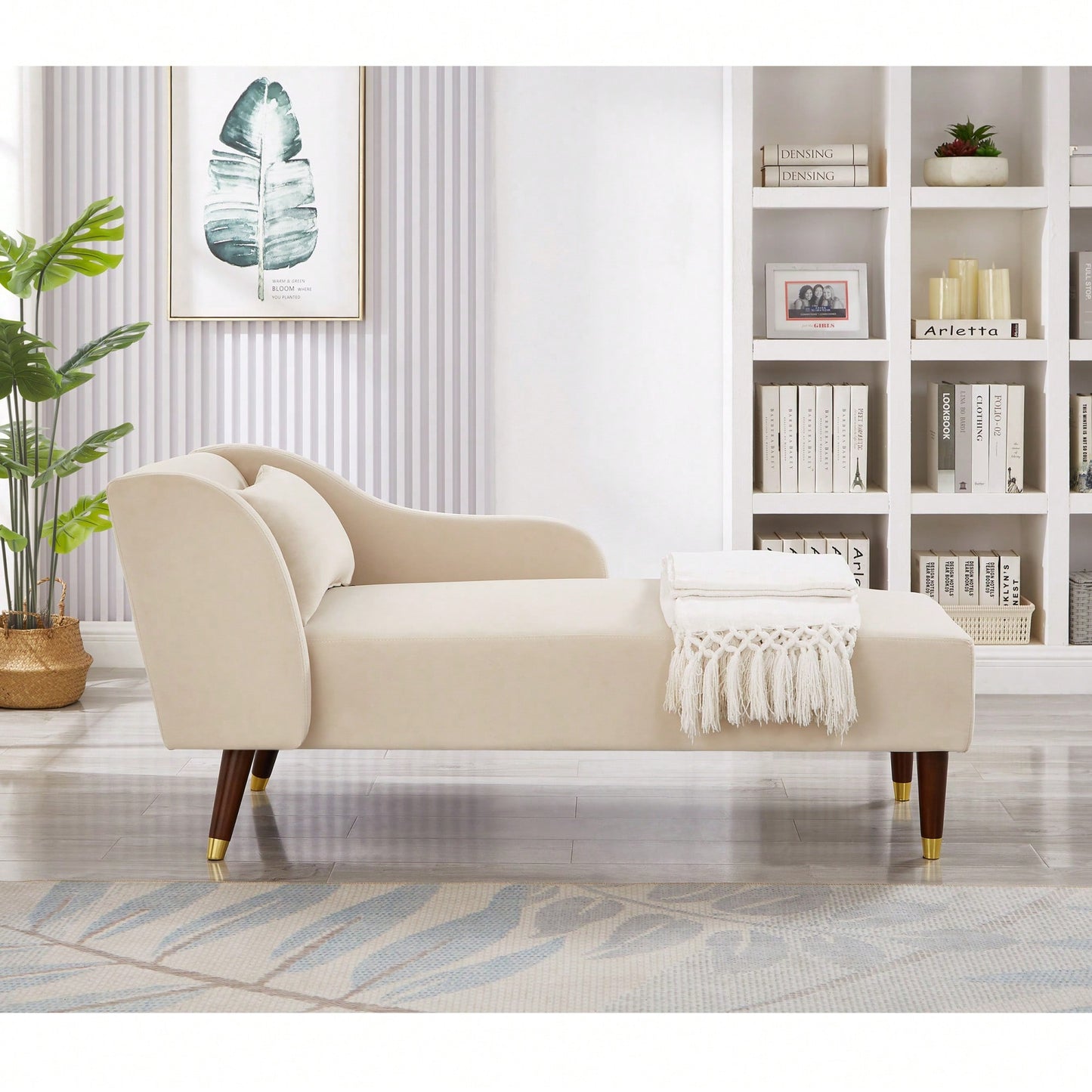 Elegant Beige Velvet Chaise Lounge Chair For Stylish Living Room Decor