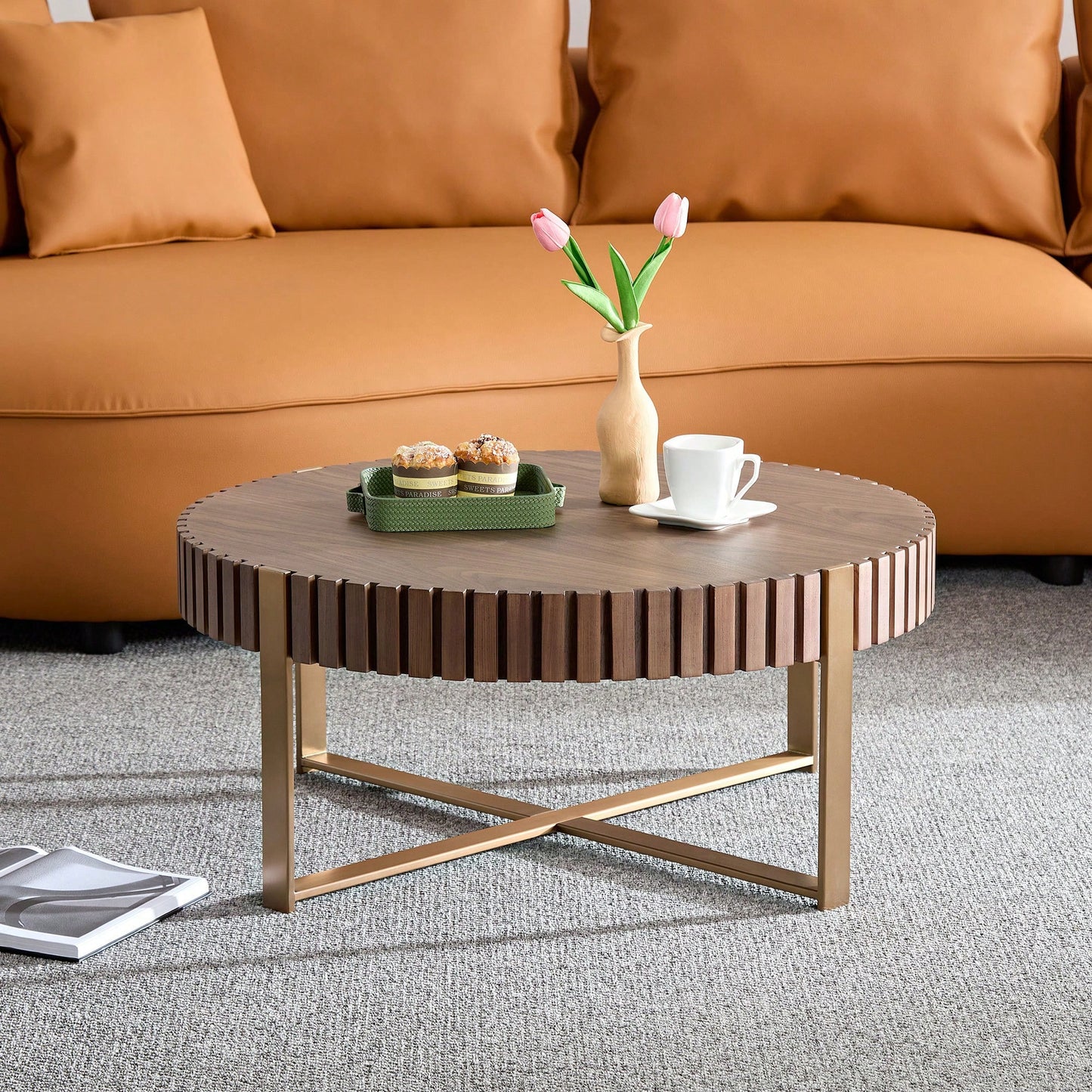 Round 31.5 Inch Modern Drum Coffee Table For Living Room With Sturdy Pedestal In Black