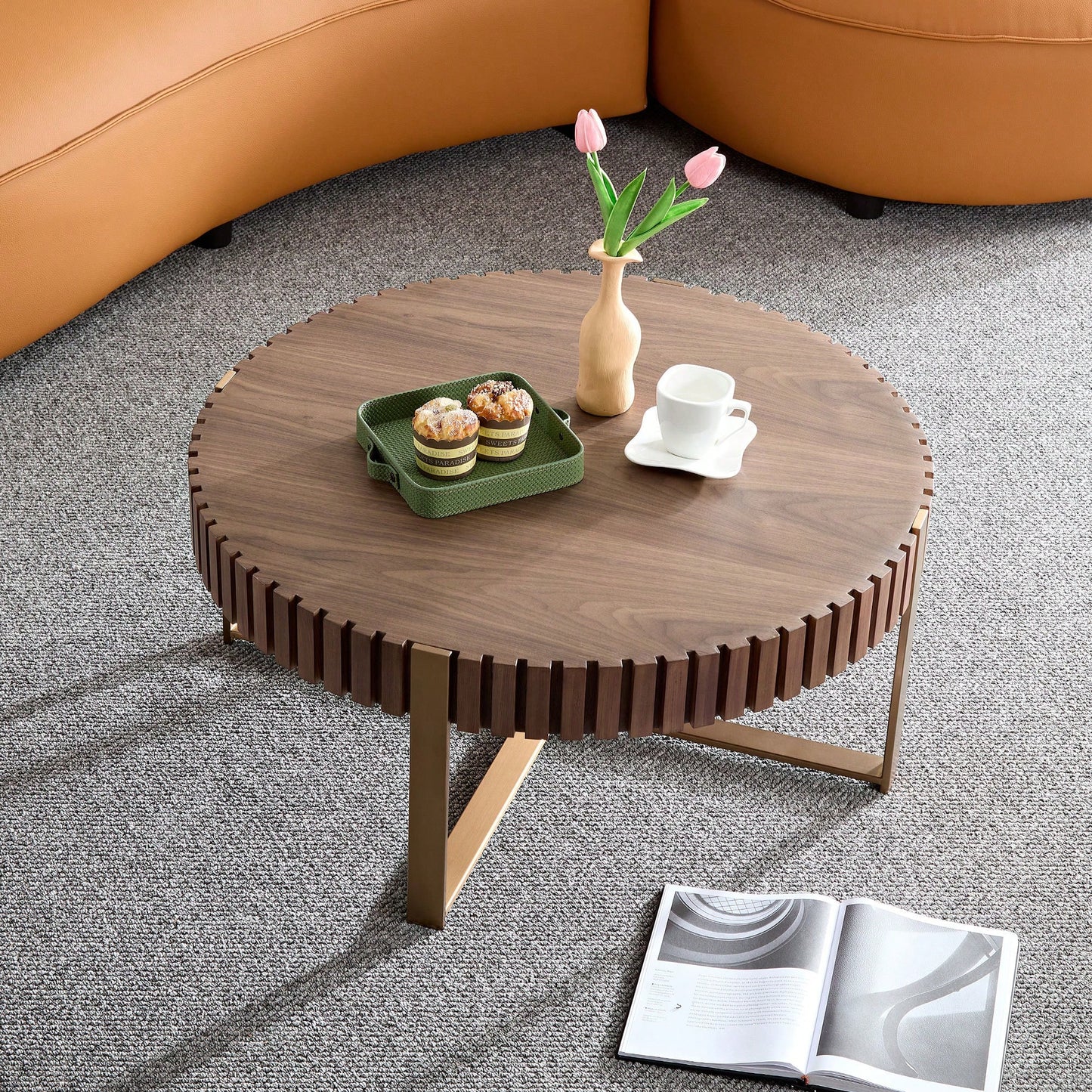 Round 31.5 Inch Modern Drum Coffee Table For Living Room With Sturdy Pedestal In Black