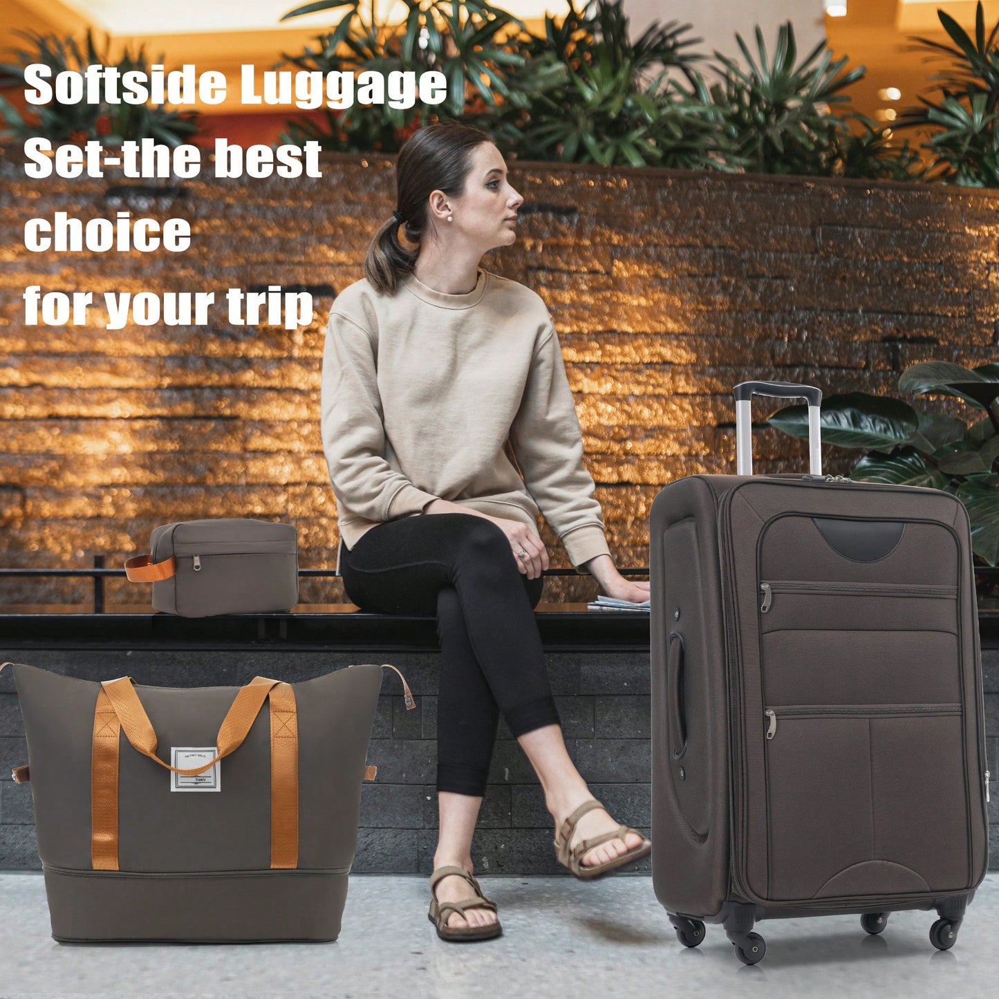 Expandable 3 Piece Softside Luggage Set With Lightweight Spinner Suitcase And Duffel Bag For Travel
