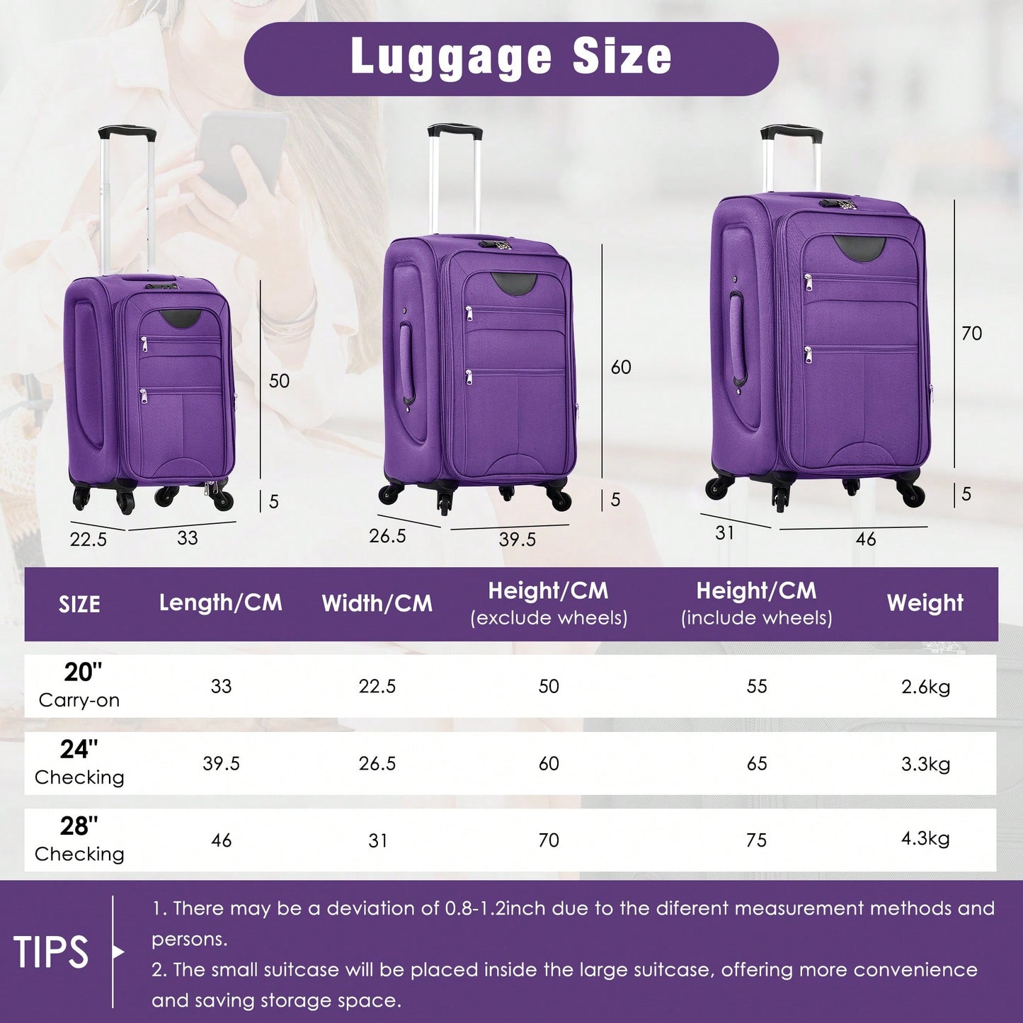 Expandable 3 Piece Softside Luggage Set With Lightweight Spinner Suitcase And Duffel Bag For Travel