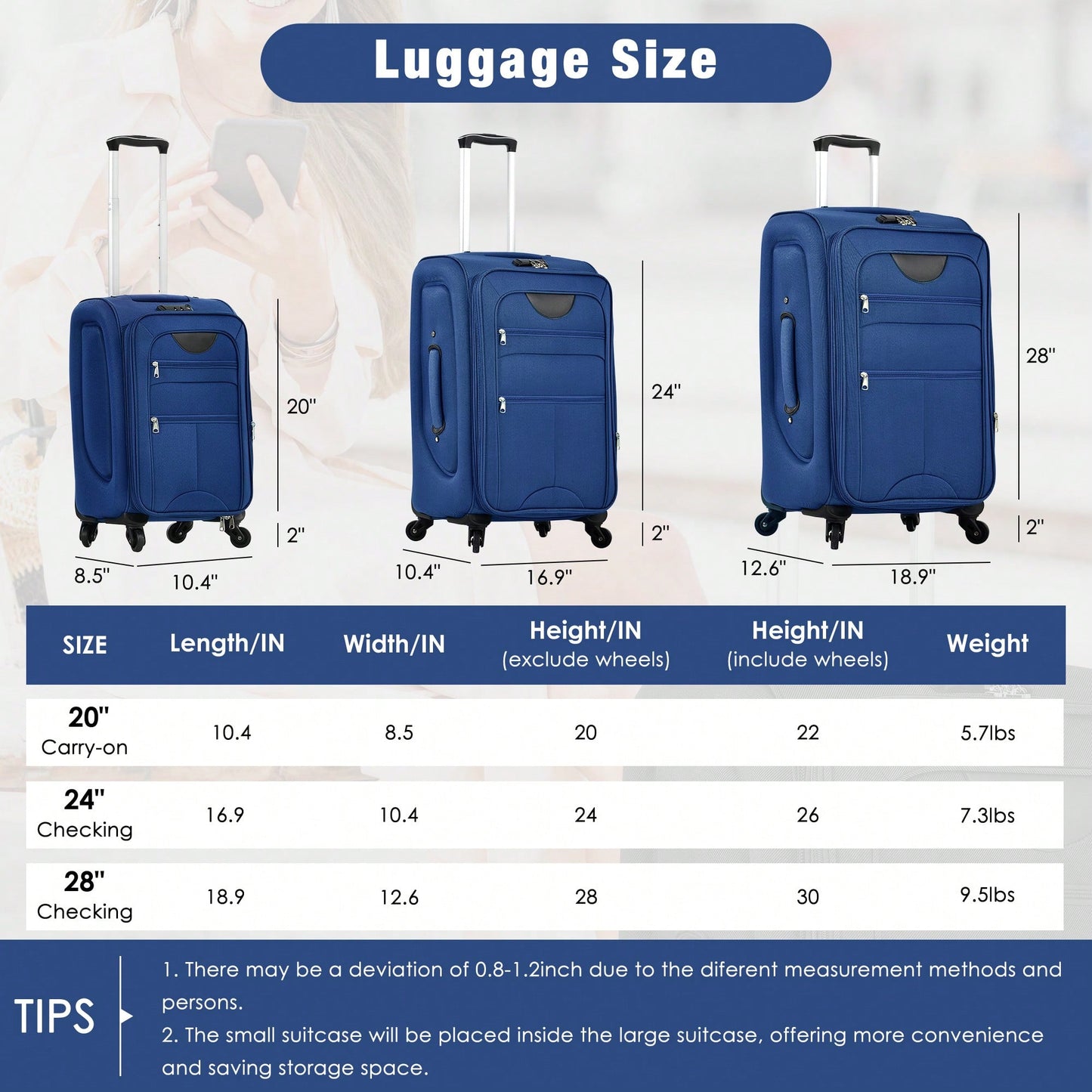 Expandable 3 Piece Softside Luggage Set With Lightweight Spinner Suitcase And Duffel Bag For Travel