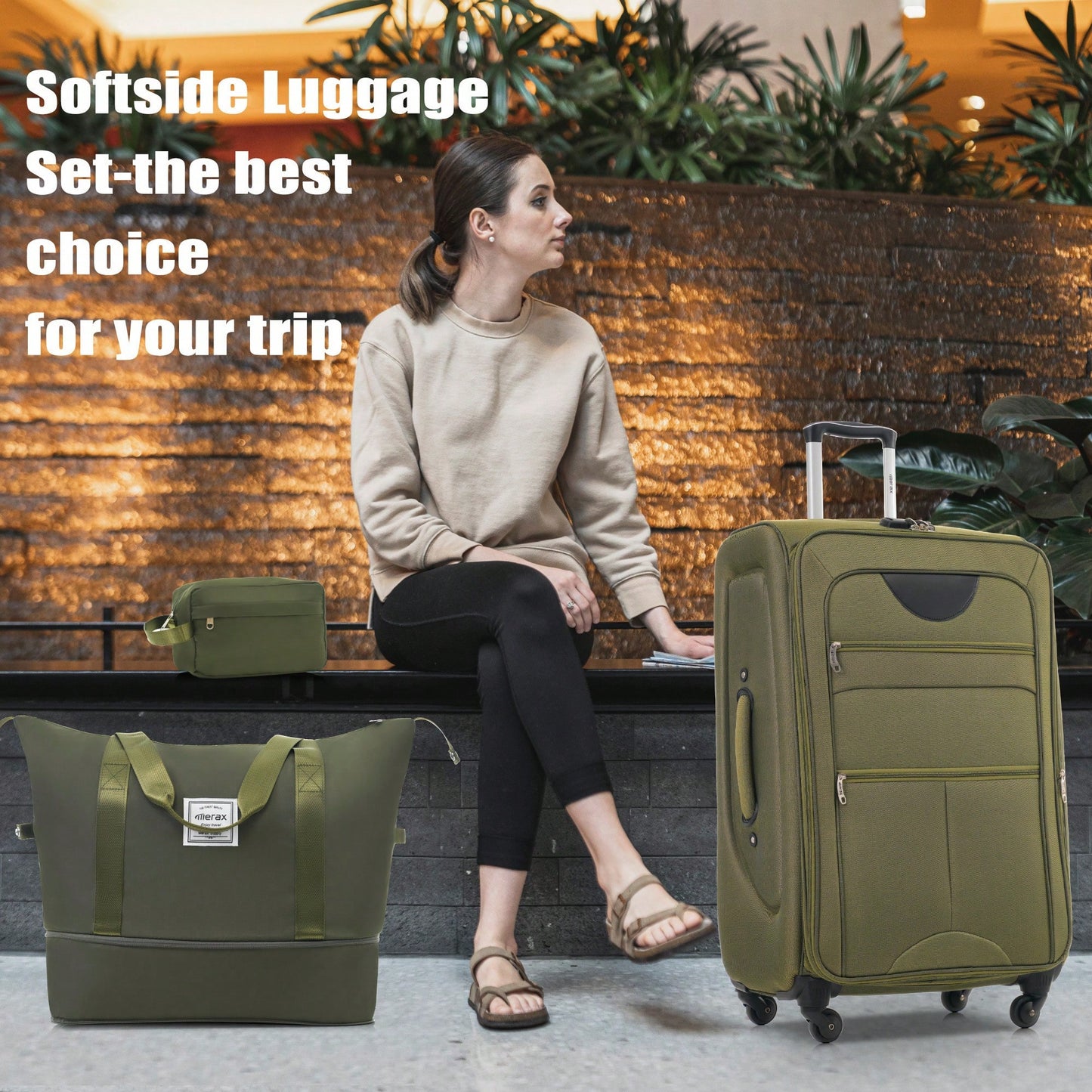 Expandable 3 Piece Softside Luggage Set With Lightweight Spinner Suitcase And Duffel Bag For Travel