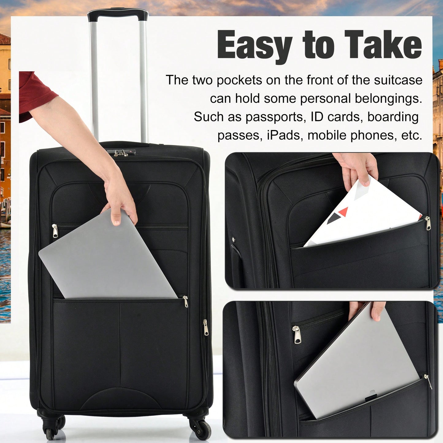Expandable 3 Piece Softside Luggage Set With Lightweight Spinner Suitcase And Duffel Bag For Travel