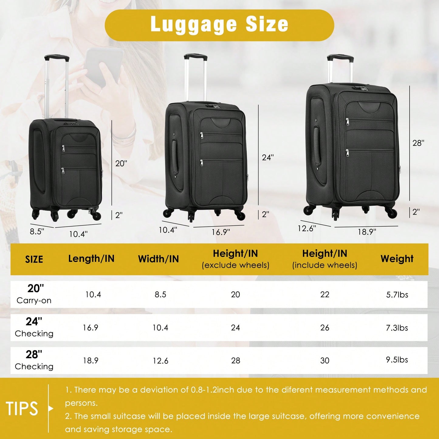 Expandable 3 Piece Softside Luggage Set With Lightweight Spinner Suitcase And Duffel Bag For Travel