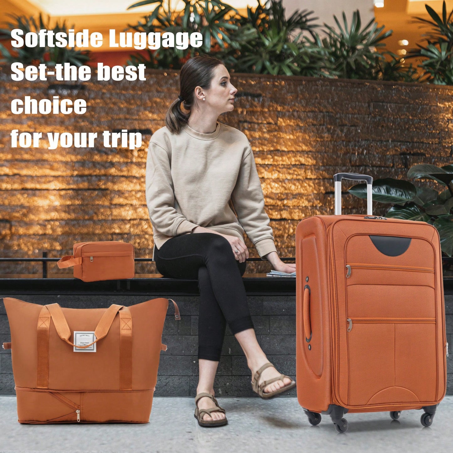 Expandable 3 Piece Softside Luggage Set With Lightweight Spinner Suitcase And Duffel Bag For Travel
