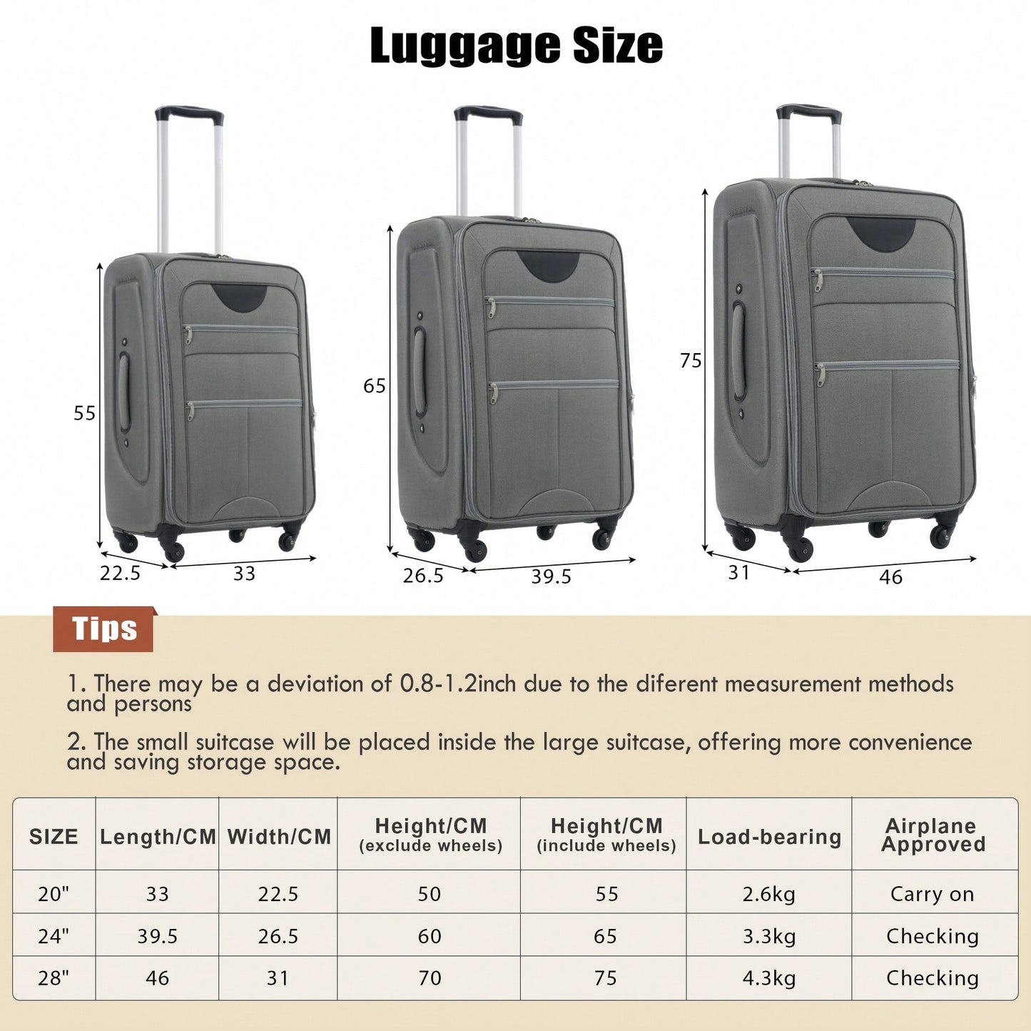 Expandable 3 Piece Softside Luggage Set With Lightweight Spinner Suitcase And Duffel Bag For Travel