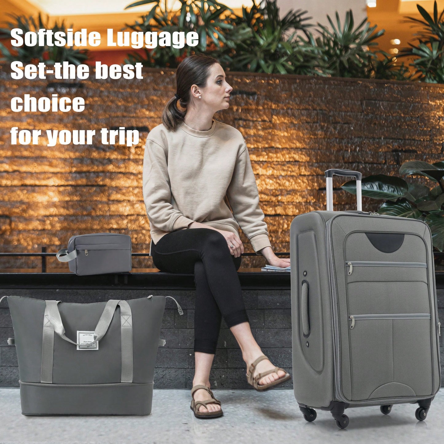 Expandable 3 Piece Softside Luggage Set With Lightweight Spinner Suitcase And Duffel Bag For Travel