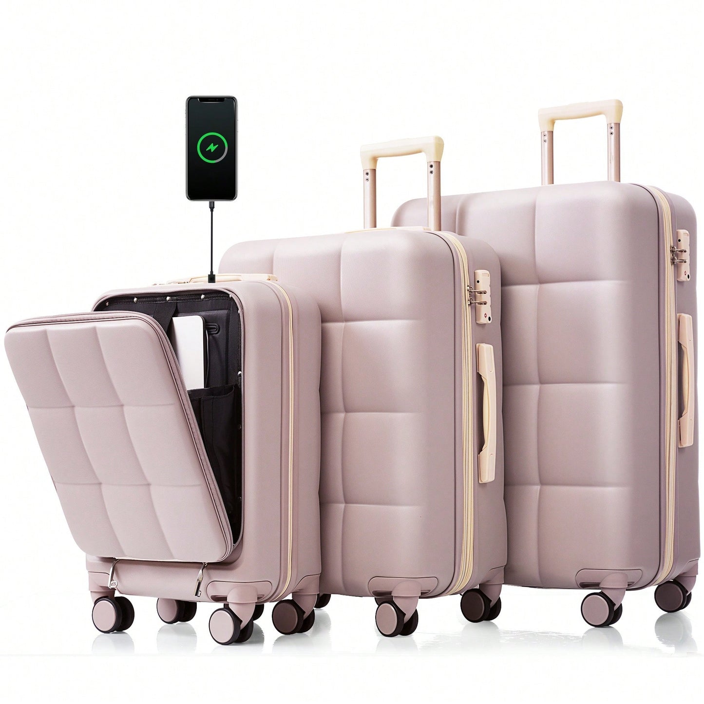 3 Piece Luggage Set 20 Inch With USB Port And Front Opening Design ABS Hard Shell With Spinner Wheels And Cup Holder In Pink