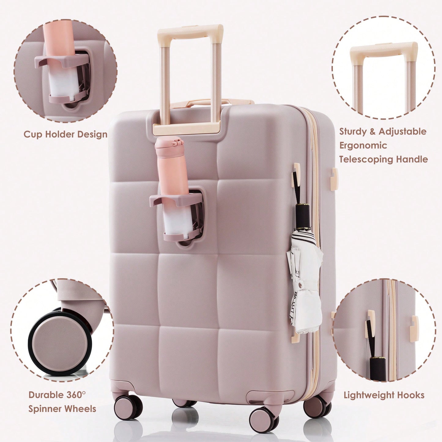 3 Piece Luggage Set 20 Inch With USB Port And Front Opening Design ABS Hard Shell With Spinner Wheels And Cup Holder In Pink
