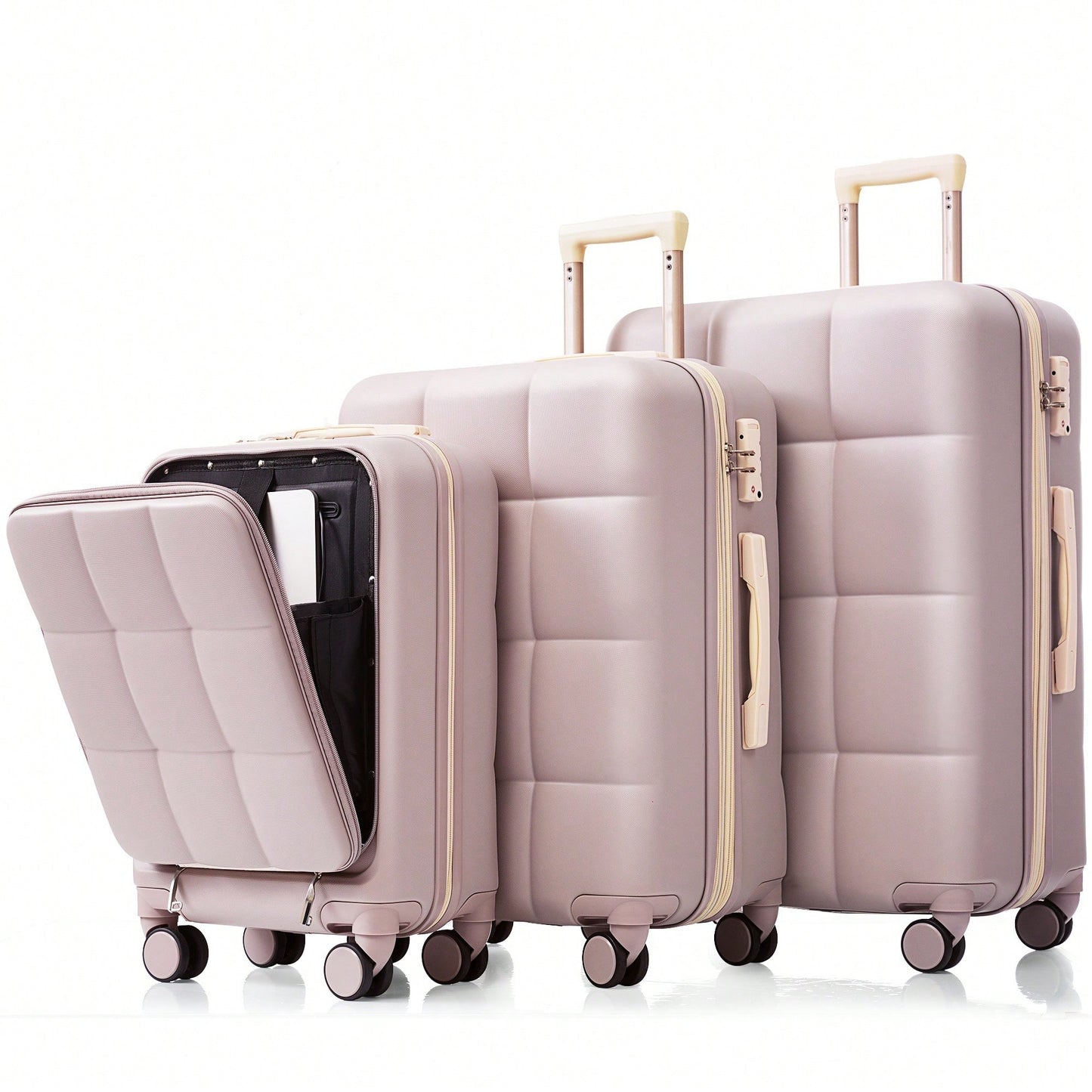3 Piece Luggage Set 20 Inch With USB Port And Front Opening Design ABS Hard Shell With Spinner Wheels And Cup Holder In Pink