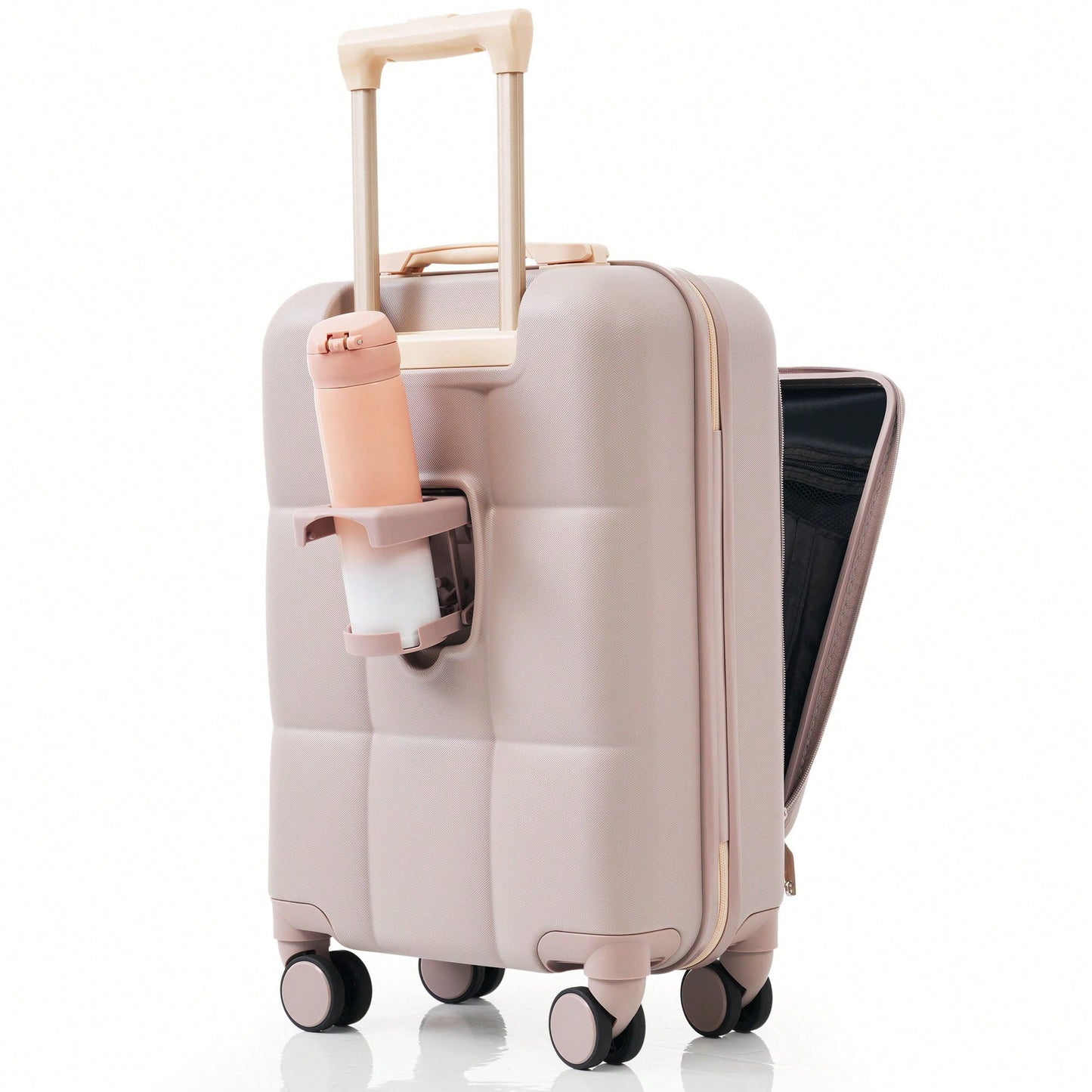 3 Piece Luggage Set 20 Inch With USB Port And Front Opening Design ABS Hard Shell With Spinner Wheels And Cup Holder In Pink