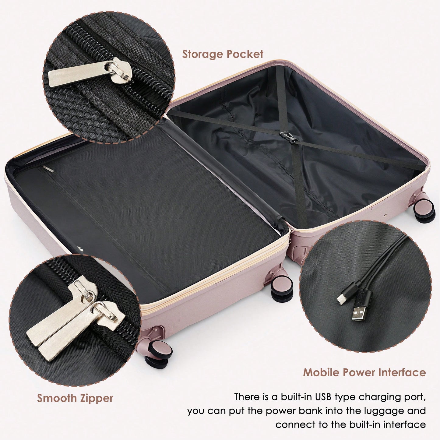 3 Piece Luggage Set 20 Inch With USB Port And Front Opening Design ABS Hard Shell With Spinner Wheels And Cup Holder In Pink