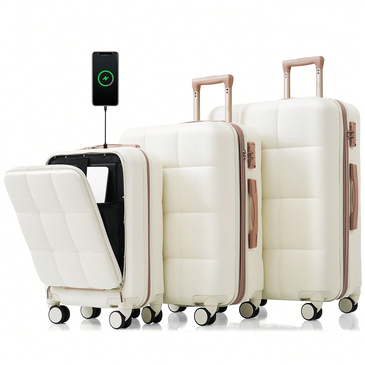 3 Piece Luggage Set 20 Inch With USB Port And Front Opening Design ABS Hard Shell With Spinner Wheels And Cup Holder In Pink