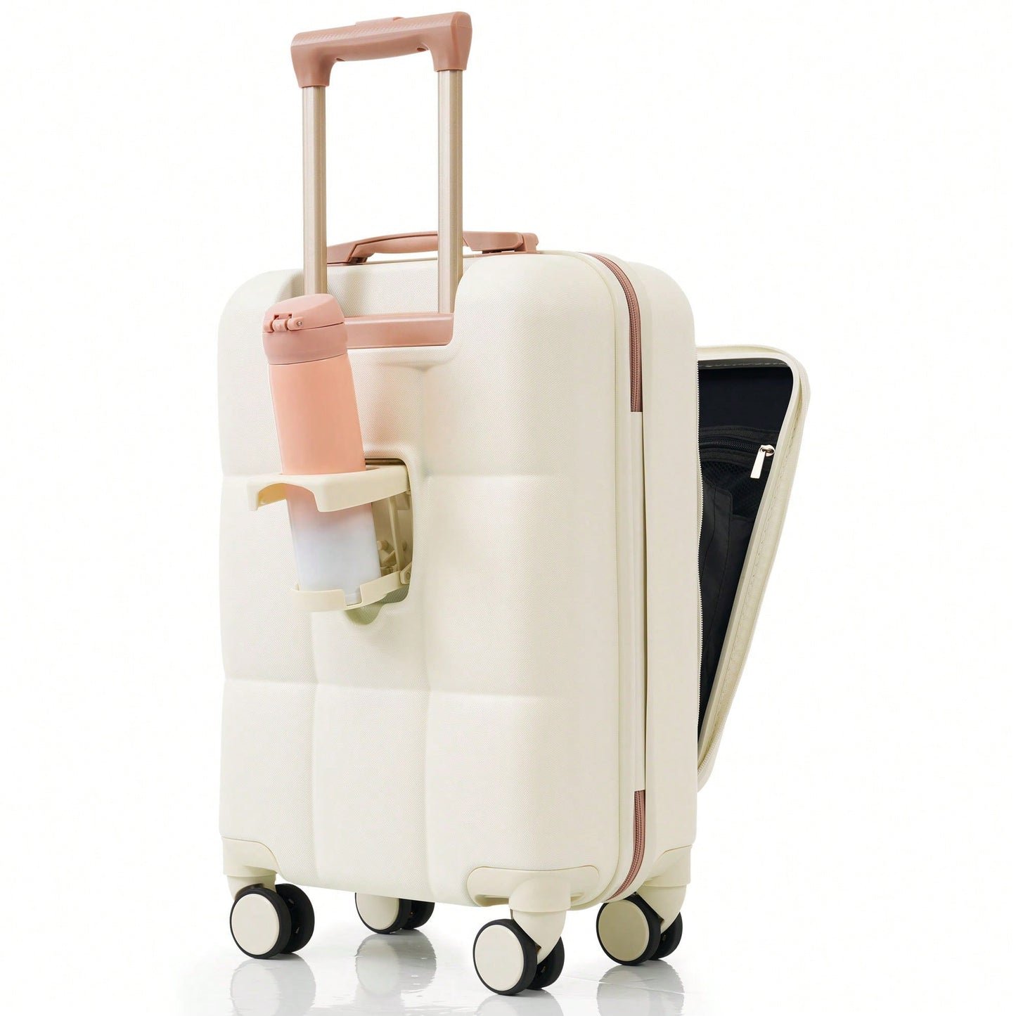3 Piece Luggage Set 20 Inch With USB Port And Front Opening Design ABS Hard Shell With Spinner Wheels And Cup Holder In Pink