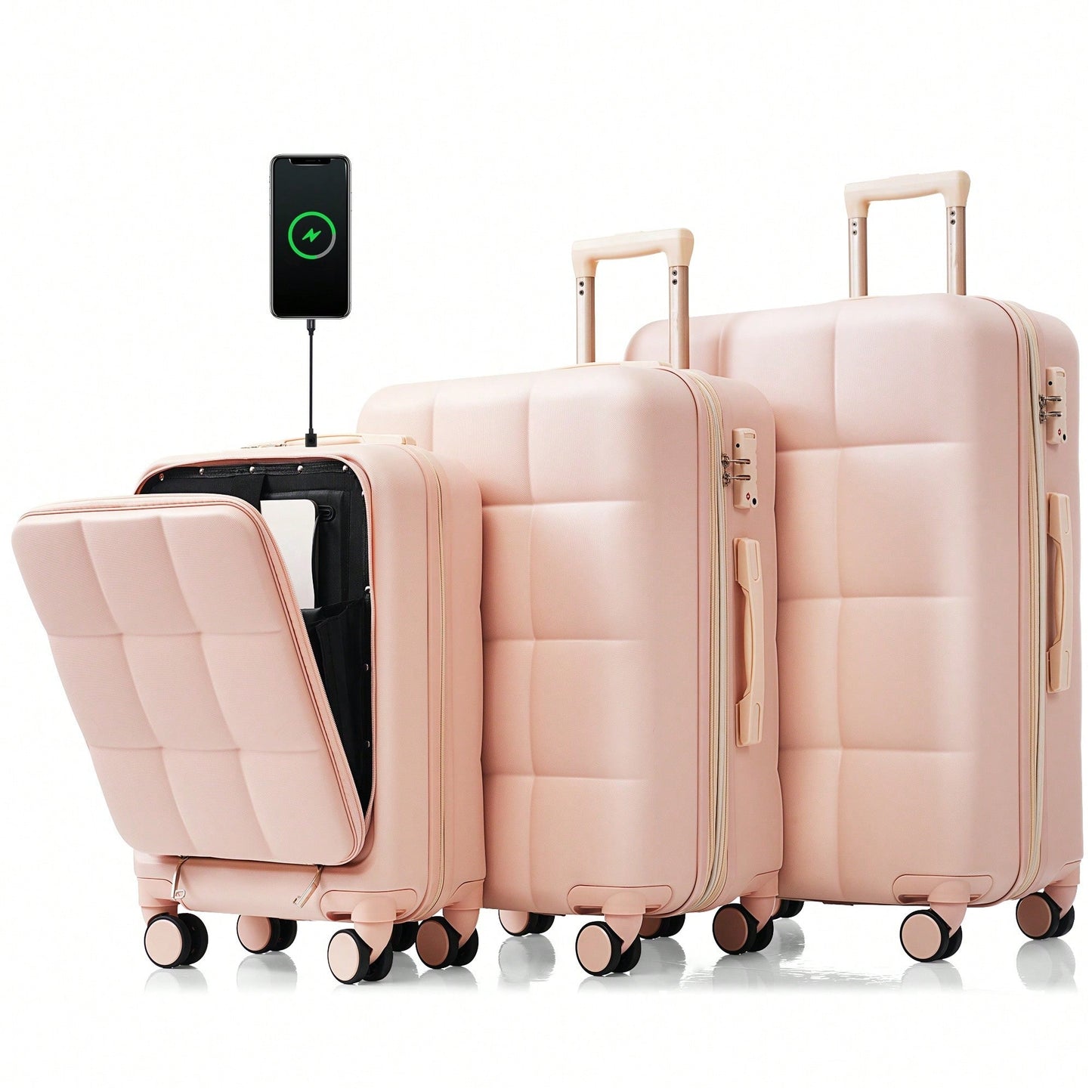 3 Piece Luggage Set 20 Inch With USB Port And Front Opening Design ABS Hard Shell With Spinner Wheels And Cup Holder In Pink