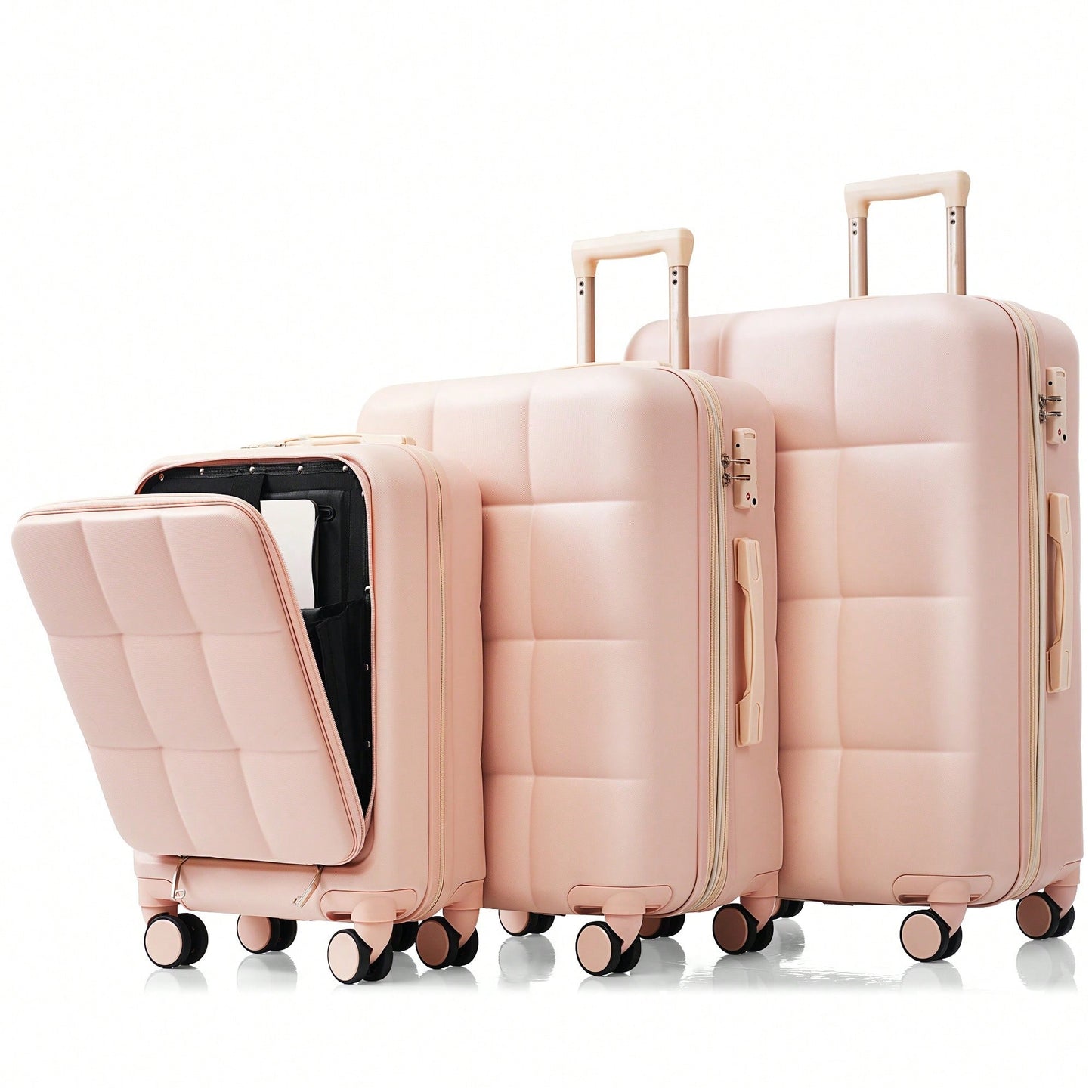 3 Piece Luggage Set 20 Inch With USB Port And Front Opening Design ABS Hard Shell With Spinner Wheels And Cup Holder In Pink