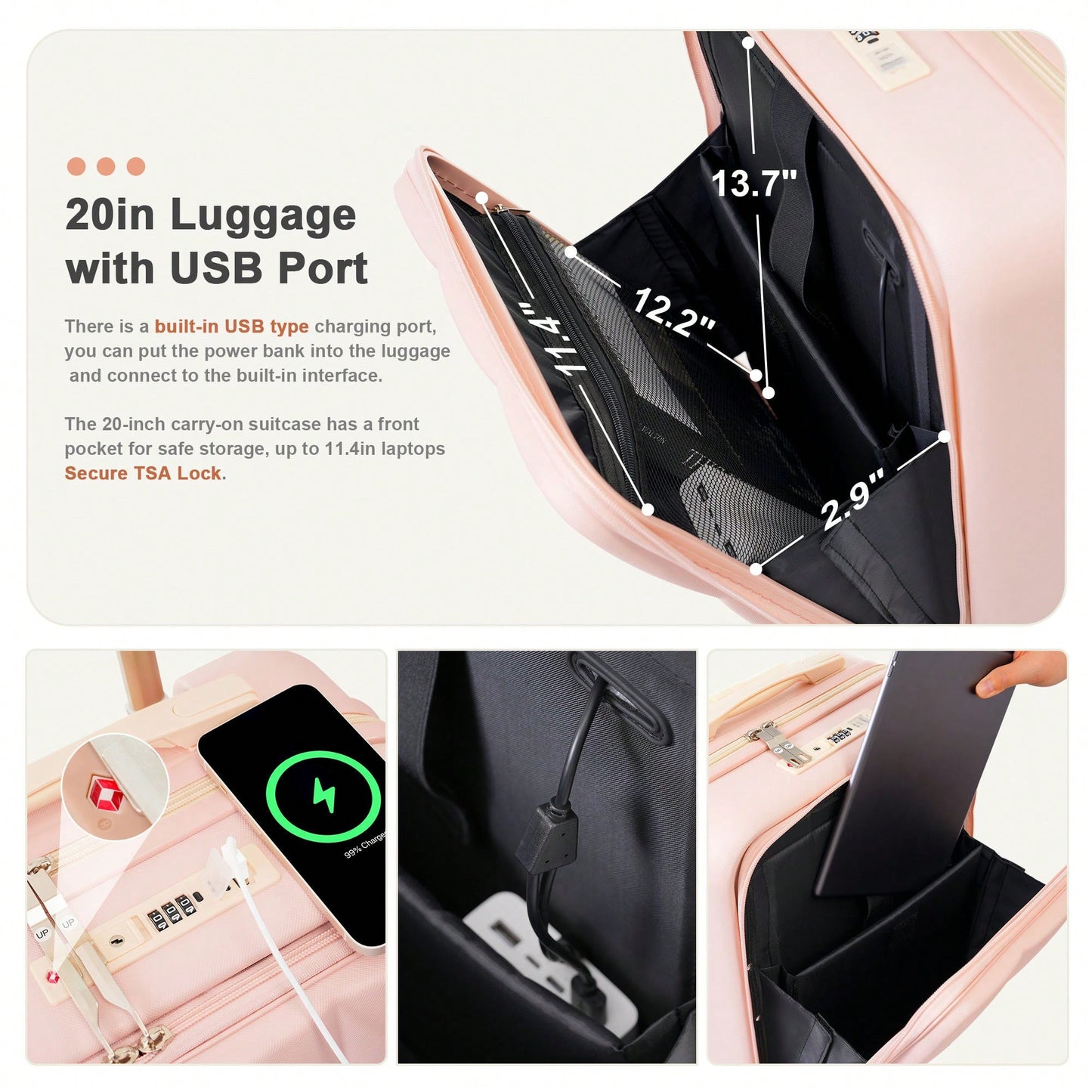 3 Piece Luggage Set 20 Inch With USB Port And Front Opening Design ABS Hard Shell With Spinner Wheels And Cup Holder In Pink
