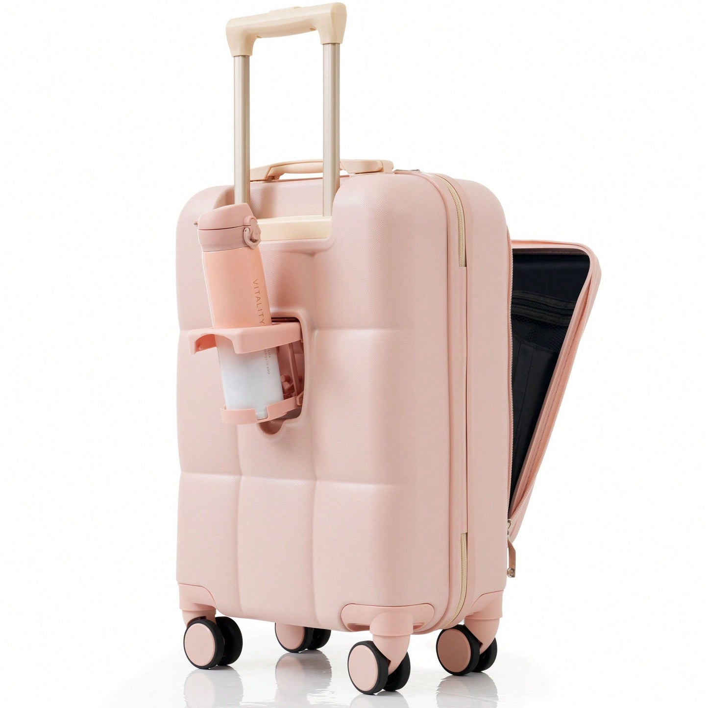 3 Piece Luggage Set 20 Inch With USB Port And Front Opening Design ABS Hard Shell With Spinner Wheels And Cup Holder In Pink