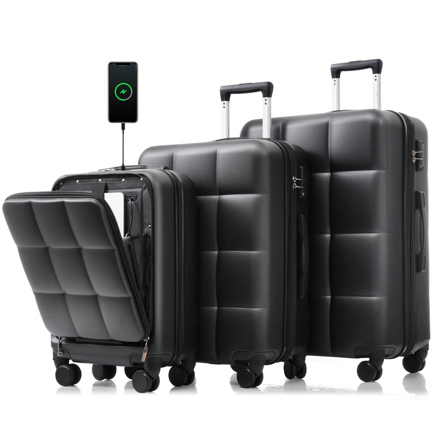 3 Piece Luggage Set 20 Inch With USB Port And Front Opening Design ABS Hard Shell With Spinner Wheels And Cup Holder In Pink