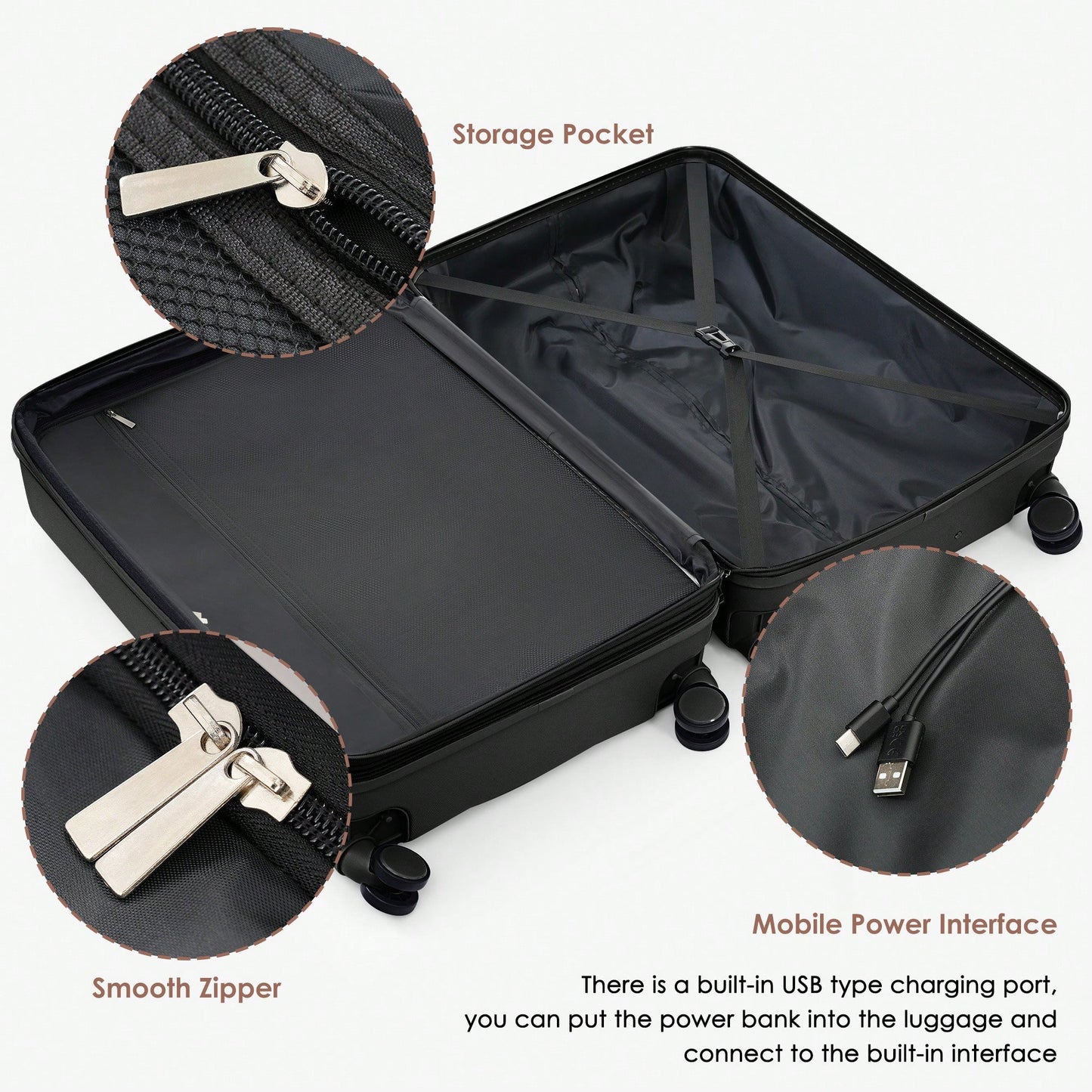 3 Piece Luggage Set 20 Inch With USB Port And Front Opening Design ABS Hard Shell With Spinner Wheels And Cup Holder In Pink
