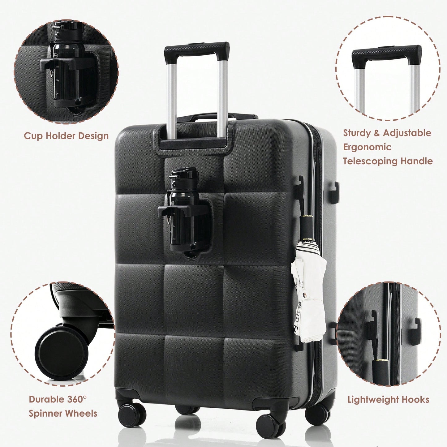 3 Piece Luggage Set 20 Inch With USB Port And Front Opening Design ABS Hard Shell With Spinner Wheels And Cup Holder In Pink