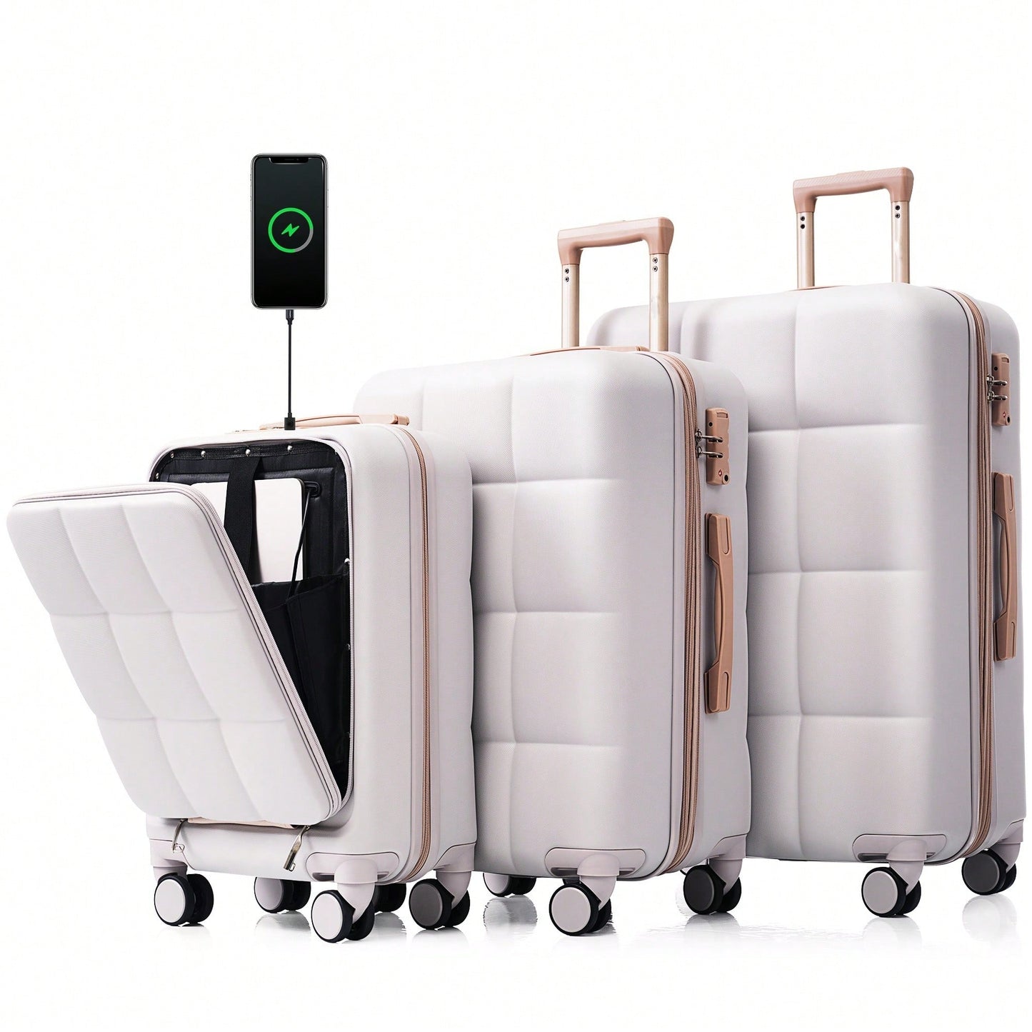 3 Piece Luggage Set 20 Inch With USB Port And Front Opening Design ABS Hard Shell With Spinner Wheels And Cup Holder In Pink