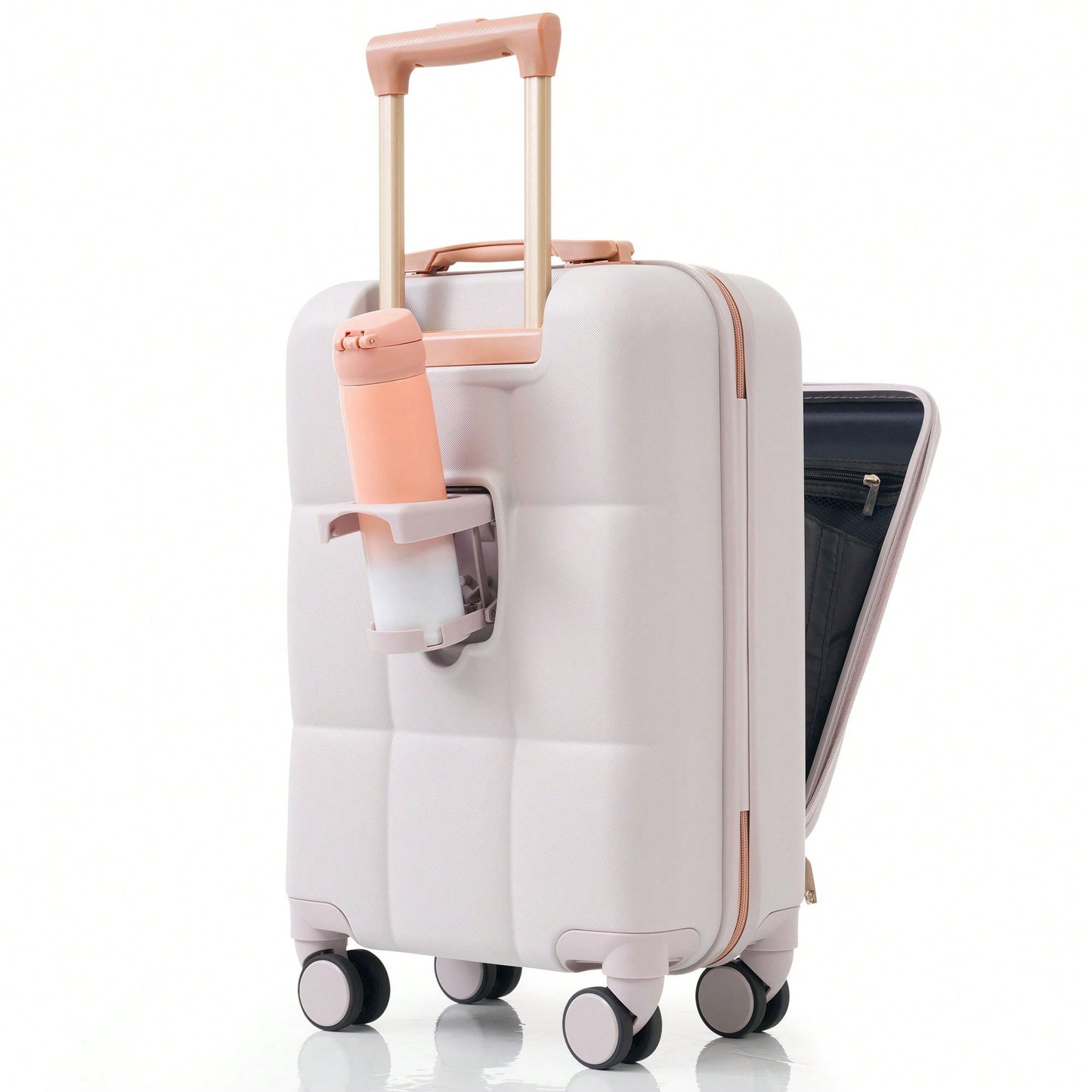 3 Piece Luggage Set 20 Inch With USB Port And Front Opening Design ABS Hard Shell With Spinner Wheels And Cup Holder In Pink