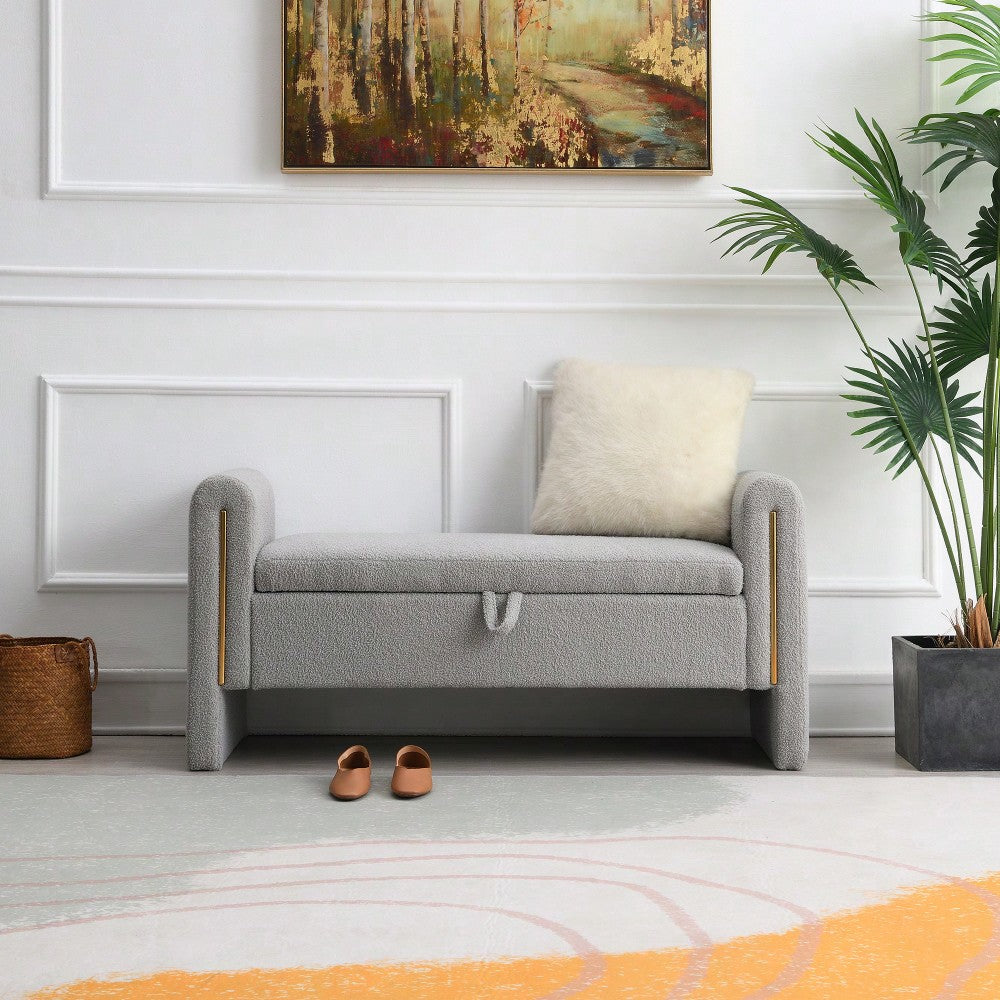 Cozy Upholstered Bed End Bench With Storage And Arms For Living Room Bedroom Dorm Stylish Teddy Grey Footrest And Vanity Stool