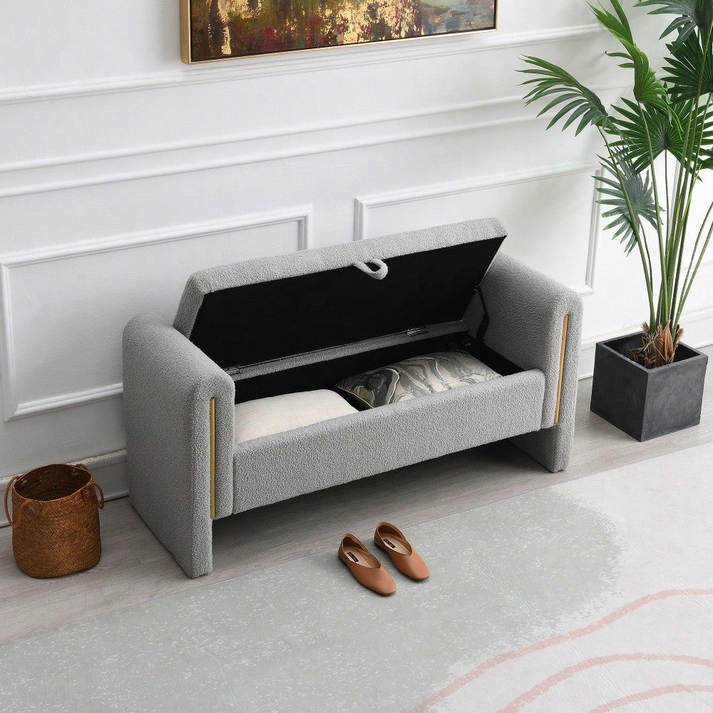 Cozy Upholstered Bed End Bench With Storage And Arms For Living Room Bedroom Dorm Stylish Teddy Grey Footrest And Vanity Stool