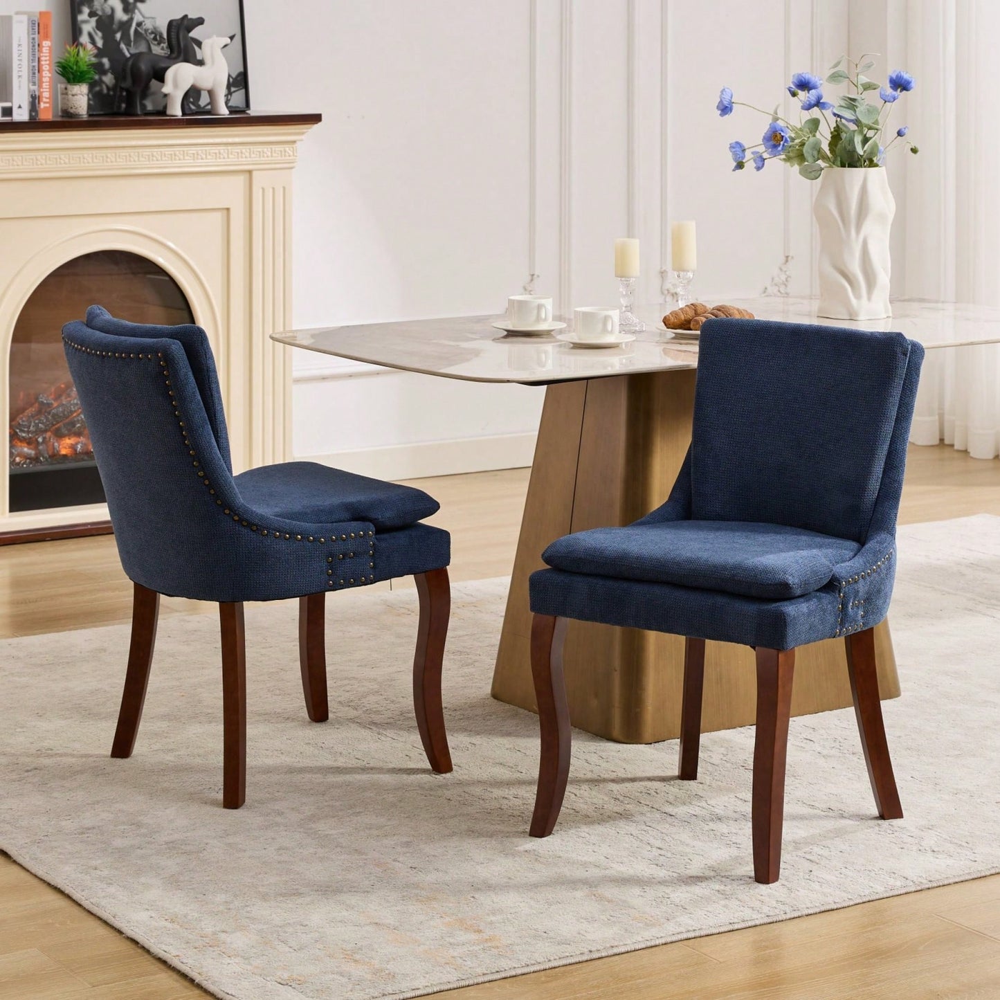Double Layer Cushioned Chenille Upholstered Dining Chairs Set of 2 Mid Back Curved Solid Wood Legs Living Room Dining Room Beige