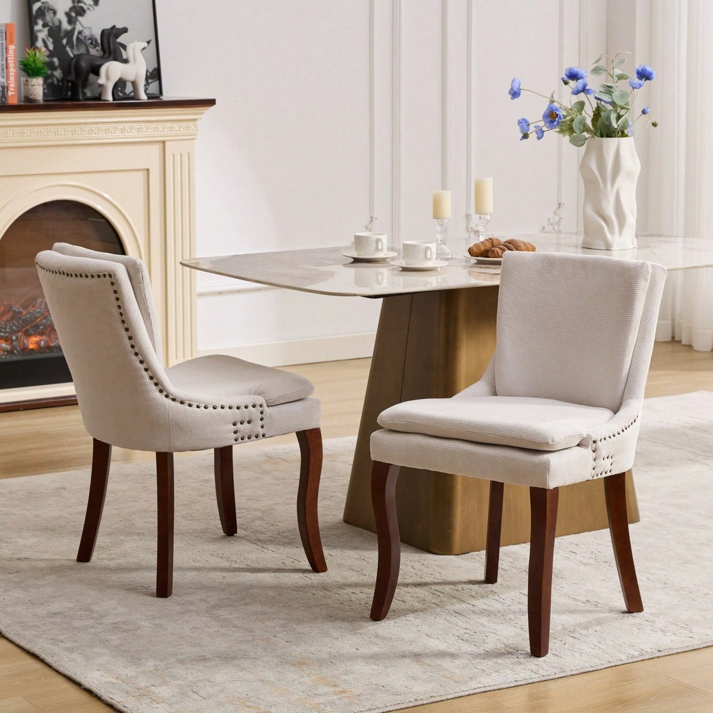 Double Layer Cushioned Chenille Upholstered Dining Chairs Set of 2 Mid Back Curved Solid Wood Legs Living Room Dining Room Beige