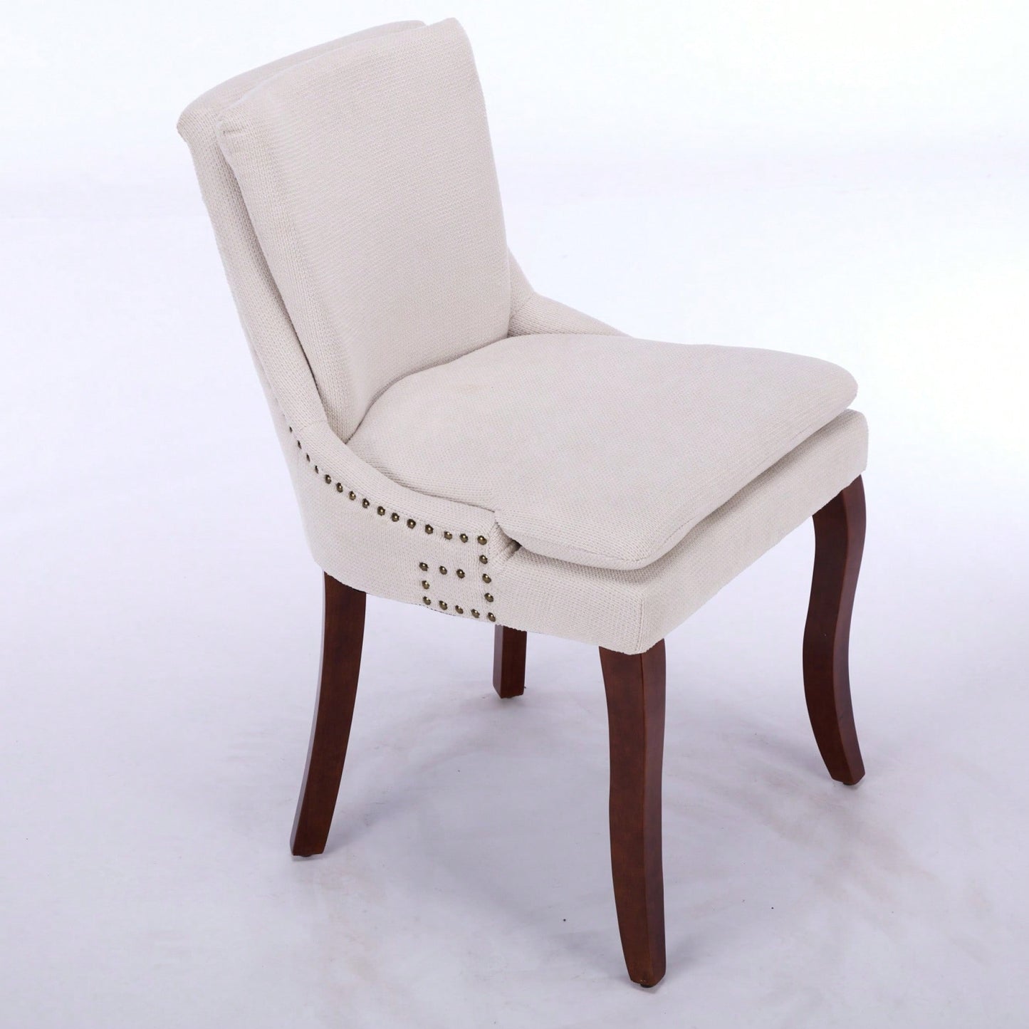 Double Layer Cushioned Chenille Upholstered Dining Chairs Set of 2 Mid Back Curved Solid Wood Legs Living Room Dining Room Beige