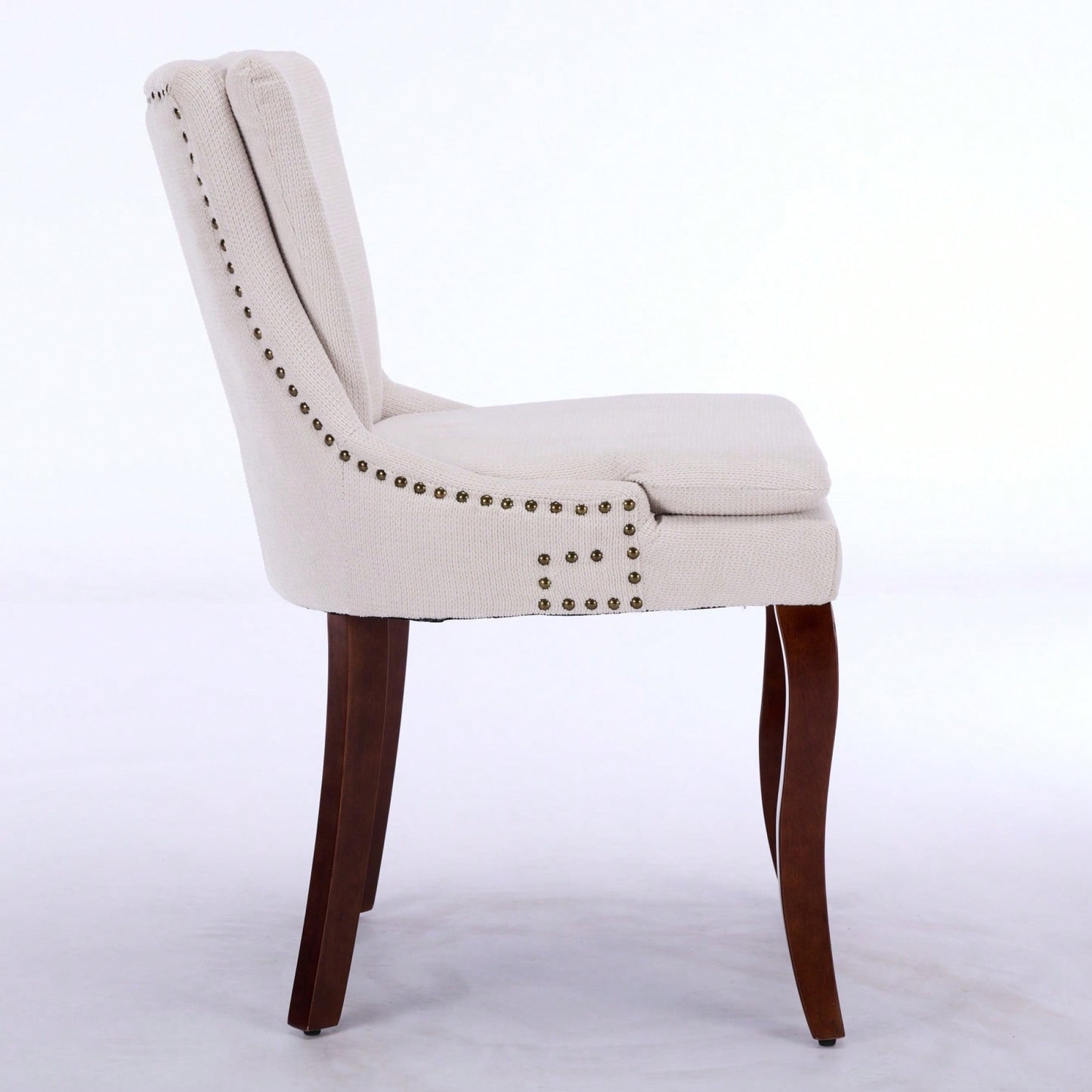 Double Layer Cushioned Chenille Upholstered Dining Chairs Set of 2 Mid Back Curved Solid Wood Legs Living Room Dining Room Beige