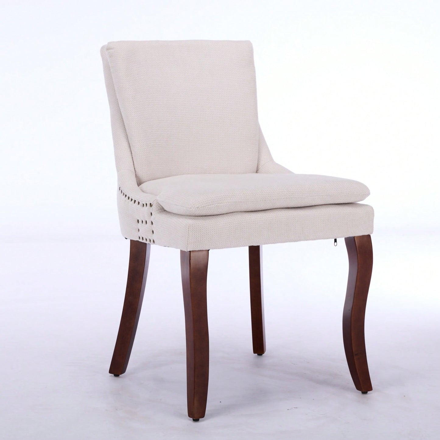 Double Layer Cushioned Chenille Upholstered Dining Chairs Set of 2 Mid Back Curved Solid Wood Legs Living Room Dining Room Beige