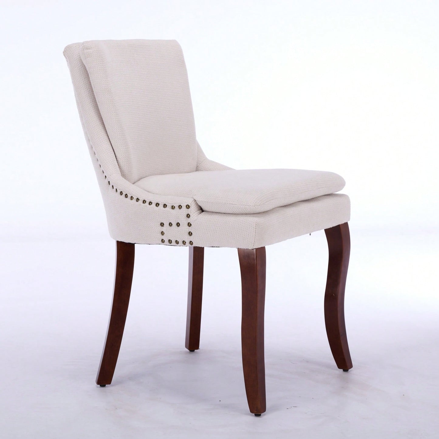 Double Layer Cushioned Chenille Upholstered Dining Chairs Set of 2 Mid Back Curved Solid Wood Legs Living Room Dining Room Beige